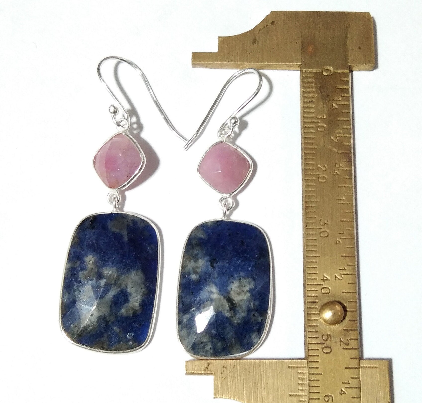 Beautiful Earring, Pink Sapphire, Blue Jade Natural Gemstone Faceted Earring, 925 Starling Silver Earring, Handmade Bezel Earring For Women.