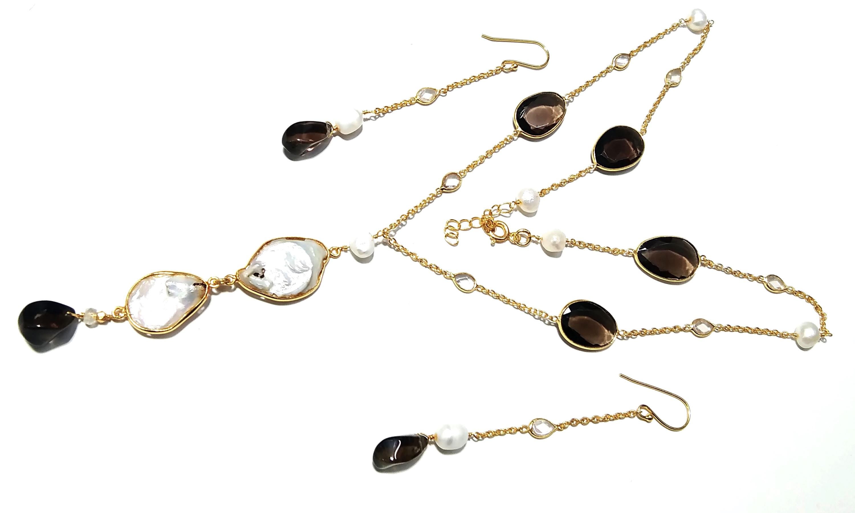 Natural Fresh Water Pearl/Smoky Quartz Stone Necklace Earring Jewelry Set, 925 Sterling Silver With Gold Plated Necklace Statement Jewelry