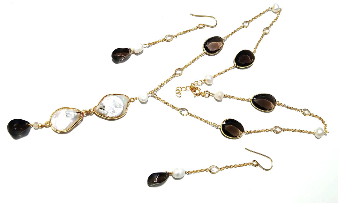 Natural Fresh Water Pearl/Smoky Quartz Stone Necklace Earring Jewelry Set, 925 Sterling Silver With Gold Plated Necklace Statement Jewelry