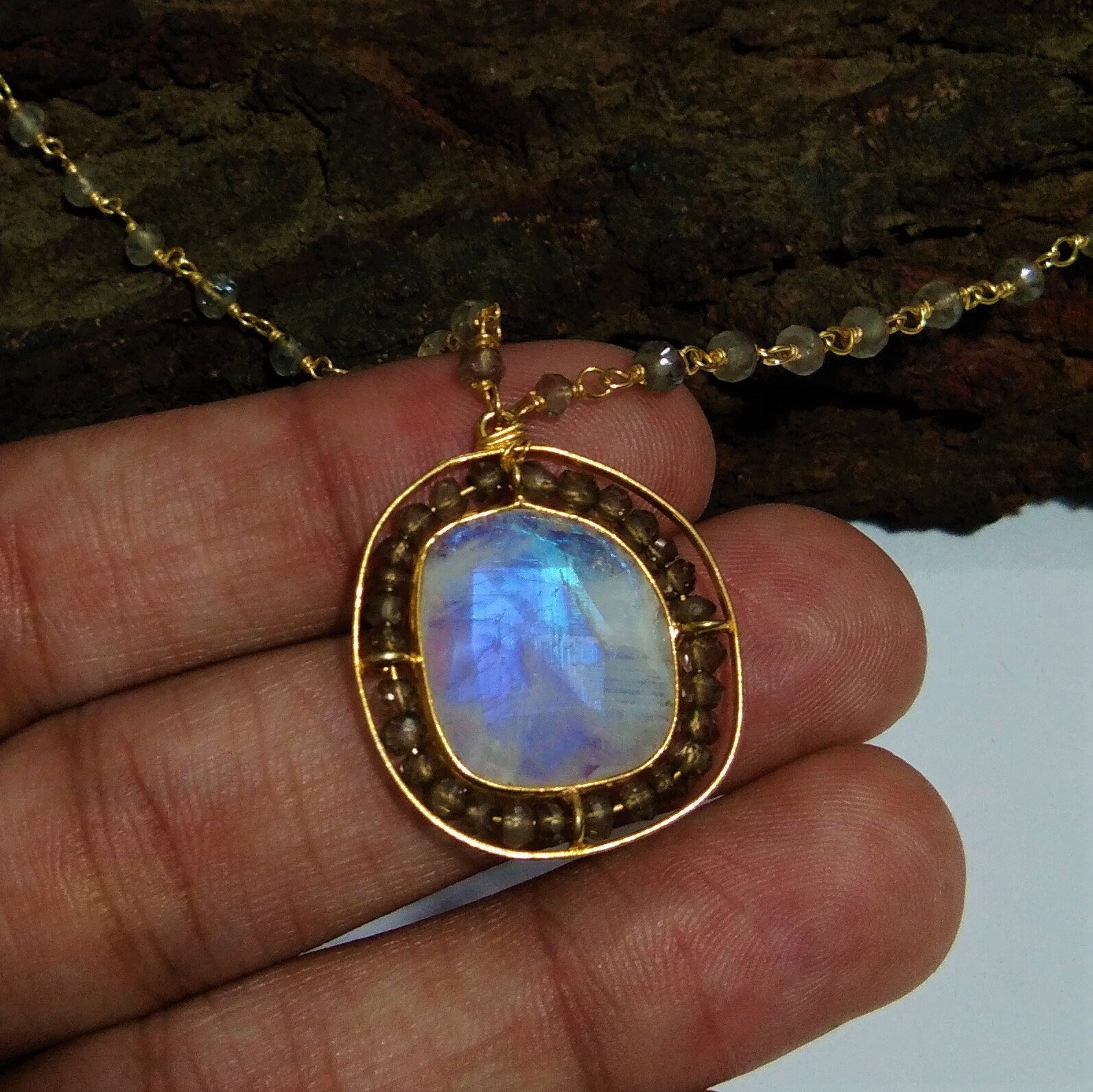 Rainbow Moonstone Blue Fire Stone/Labradorite Beads Chain Necklace, 925 Starling Silver Gold Plated Chain Necklace, 38''Inche Necklace