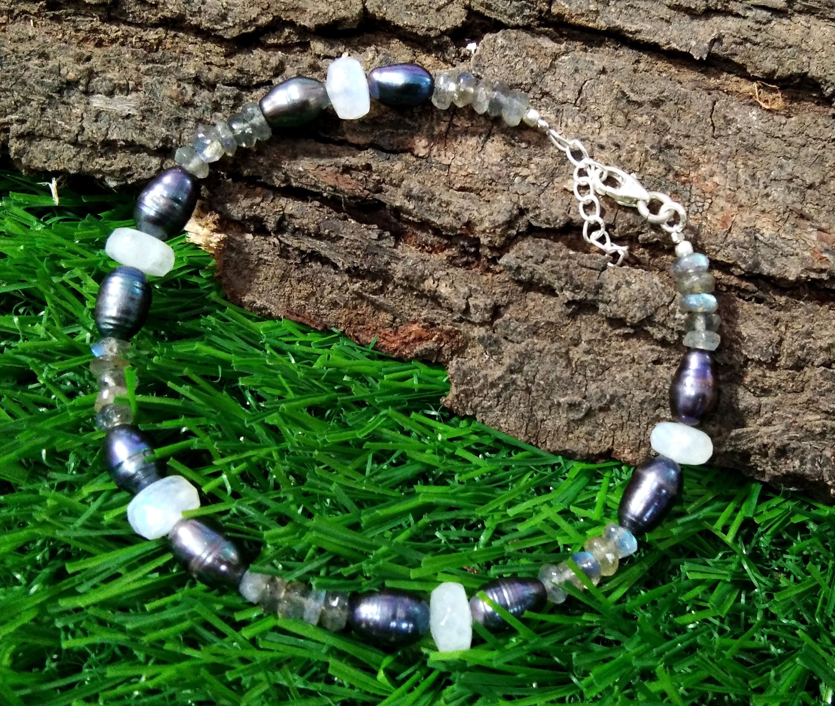 Labradorite-Rainbow Moonstone-Grey Pearl Bracelets In 925 Sterling Silver, Natural Handmade Making Gemstone Adjustable Bracelets Jewelry