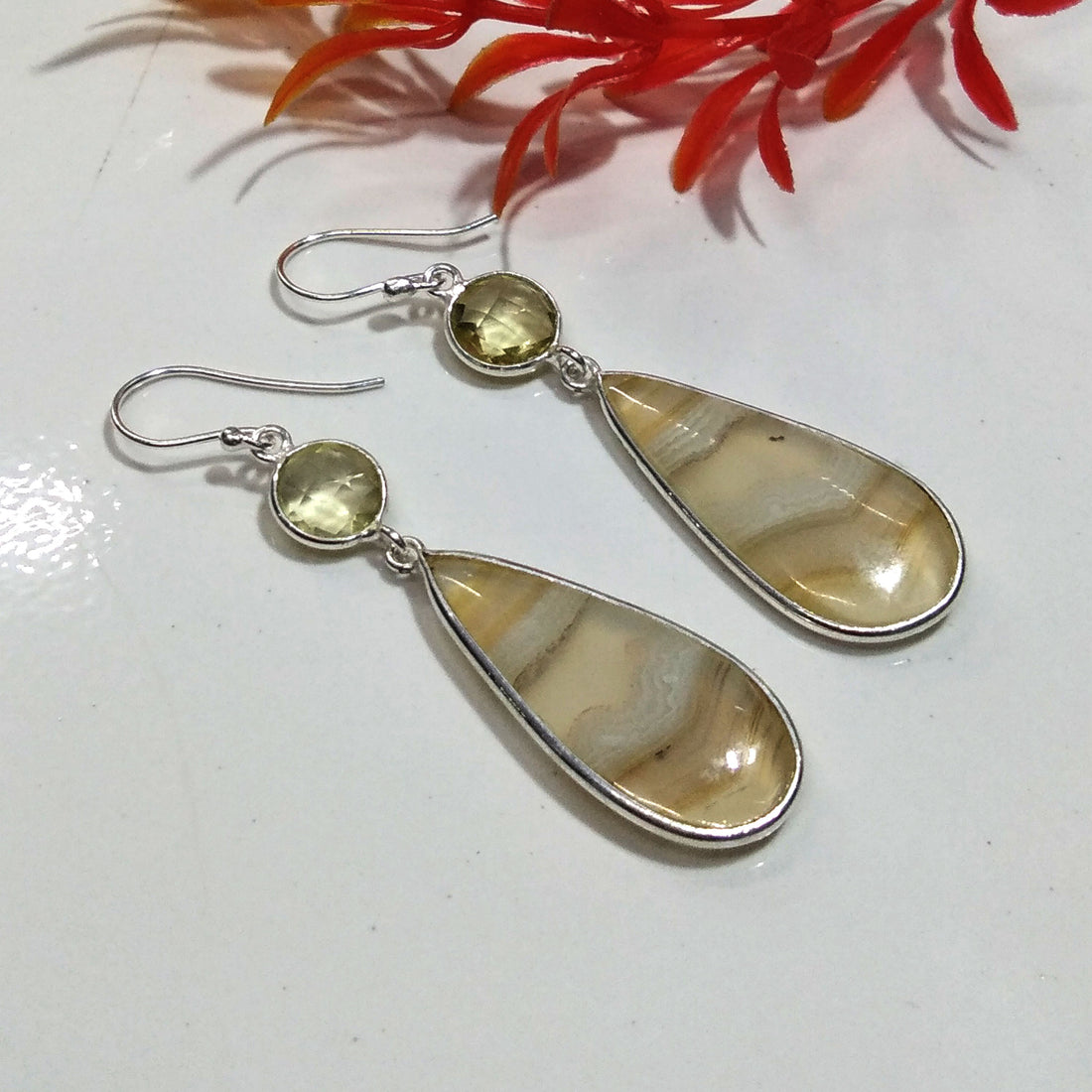 Natural Yellow Lace Agate Gemstone Earring, 925 Starling Silver Earring, Handmade Silver Jewelry, Yellow Agate Stone Earring, Gift Wedding