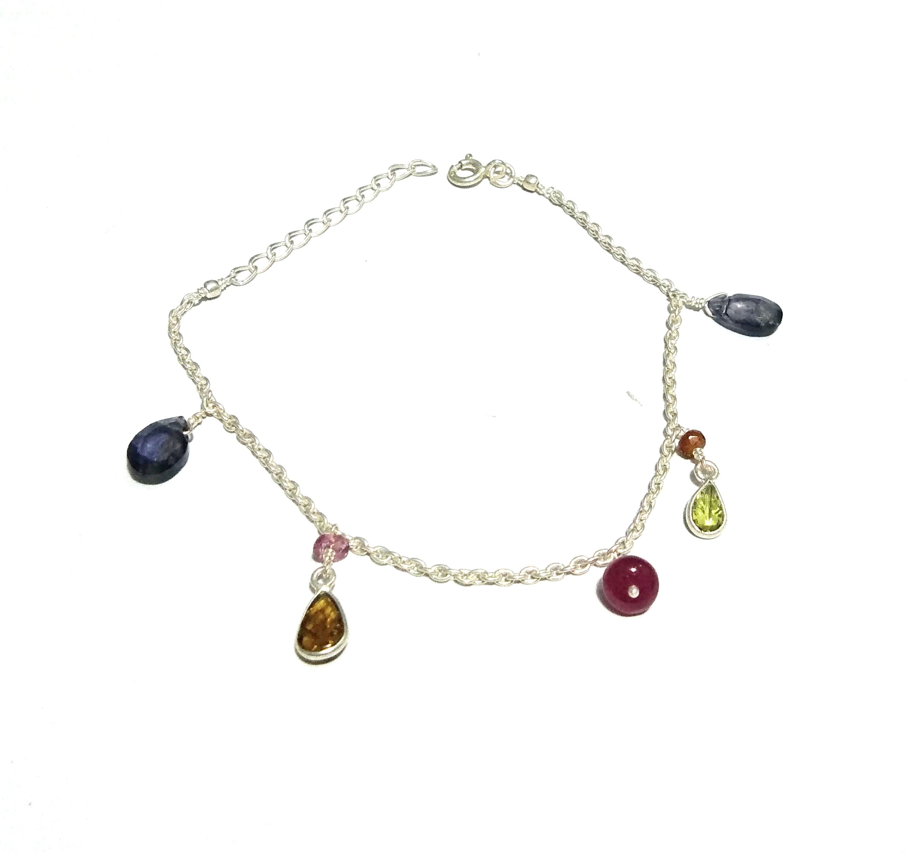 Natural Multi Tourmaline/Iolite Stone Chain Bracelet, 925 Sterling Silver Chain Stone Bracelet, Wedding Bracelet Gift Valentine day Bracelet