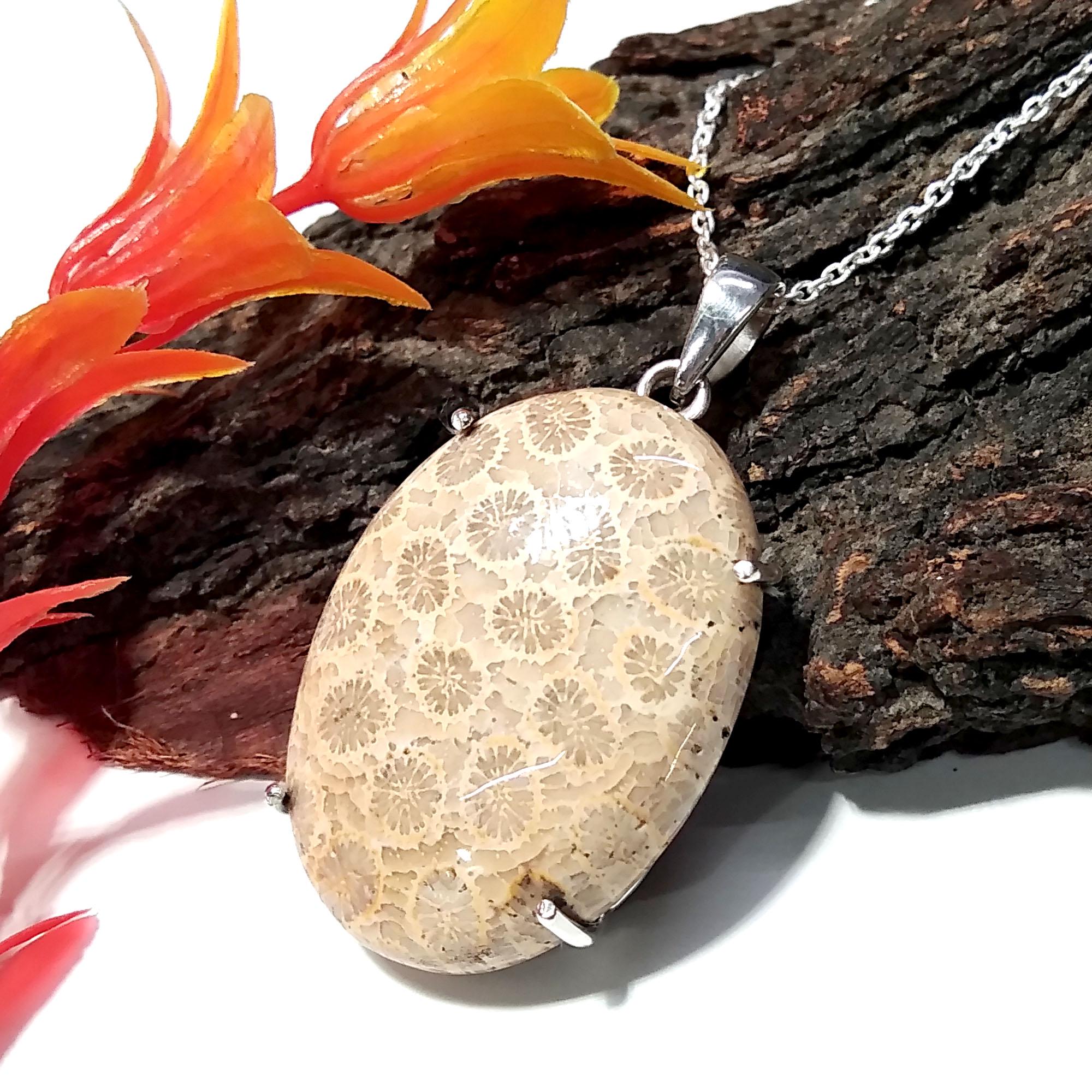 Natural Fossil Coral Gemstone Pendant, 925 Starling Silver Pendant Chain Necklace, Handmade Stone Size 32x23 mm Gift Birthstone Pendant
