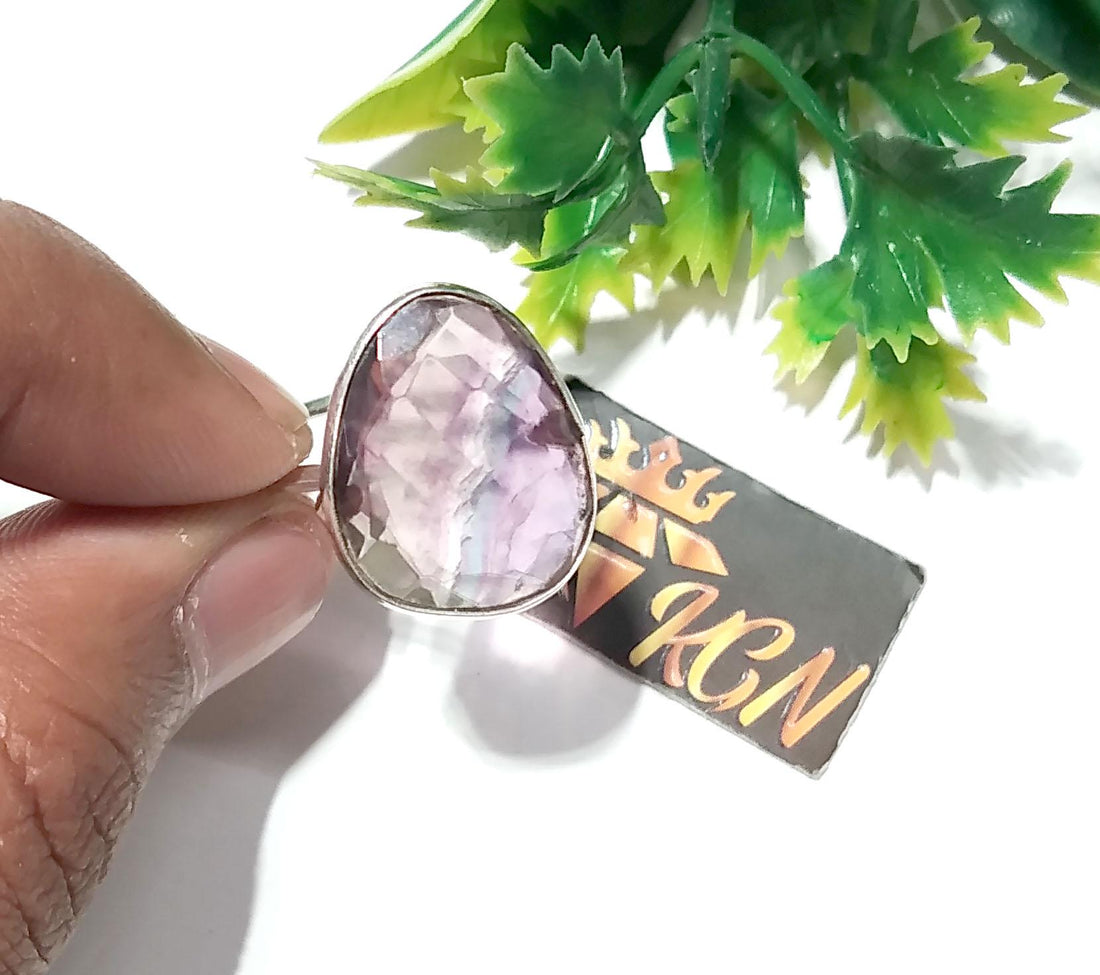 Natural Green And Purple Fluorite Ring, 925 Solid Sterling Silver Ring, Stone Size 17x14mm Handmade Silver Ring, Crystal Ring For Women Gift