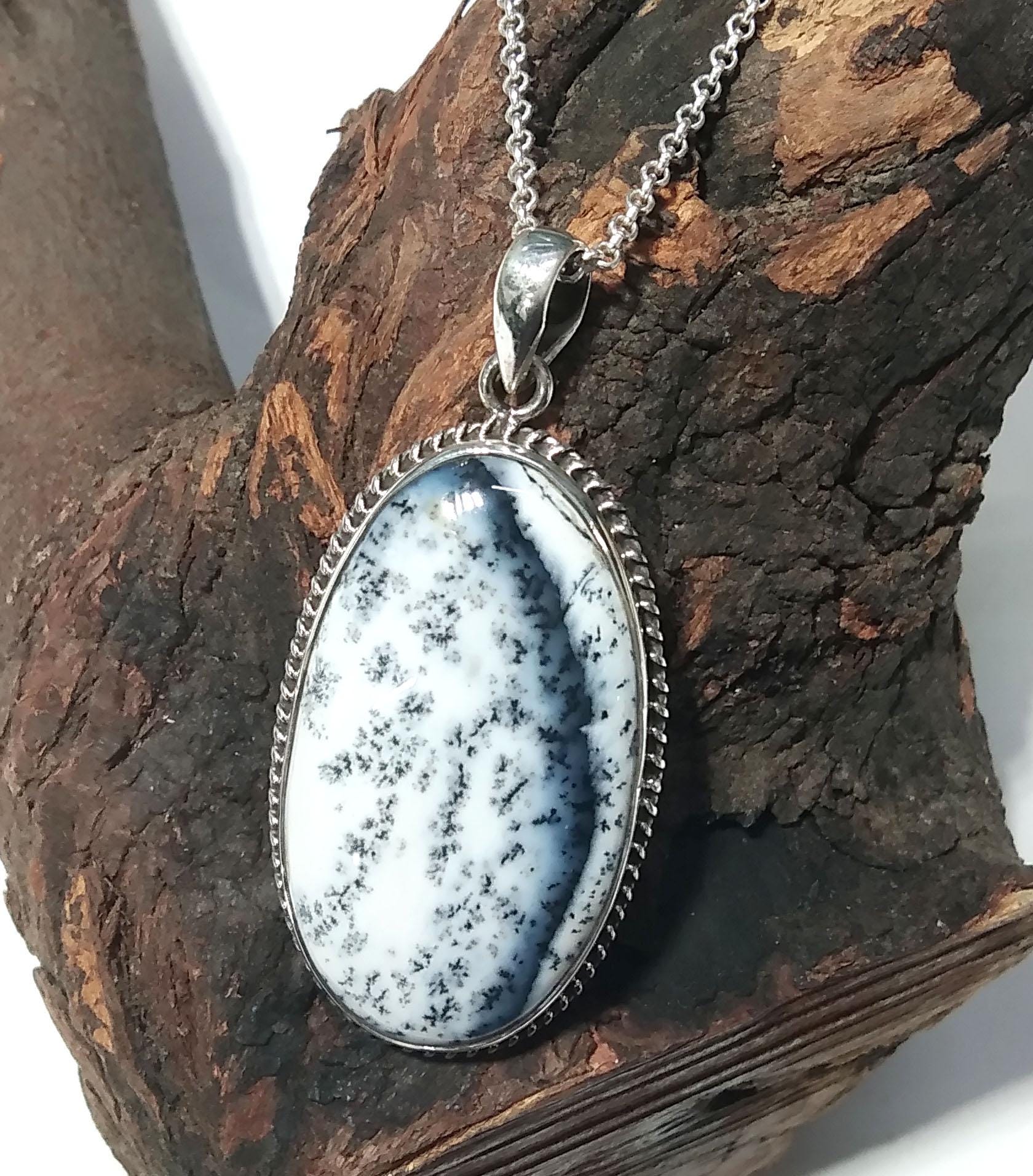 Amazing Design Dendrite Opal Gemstone Pendant Chain Necklace, Natural Dendrite Stone With 925 Sterling Silver Pendant, Gift Wedding Jewelry