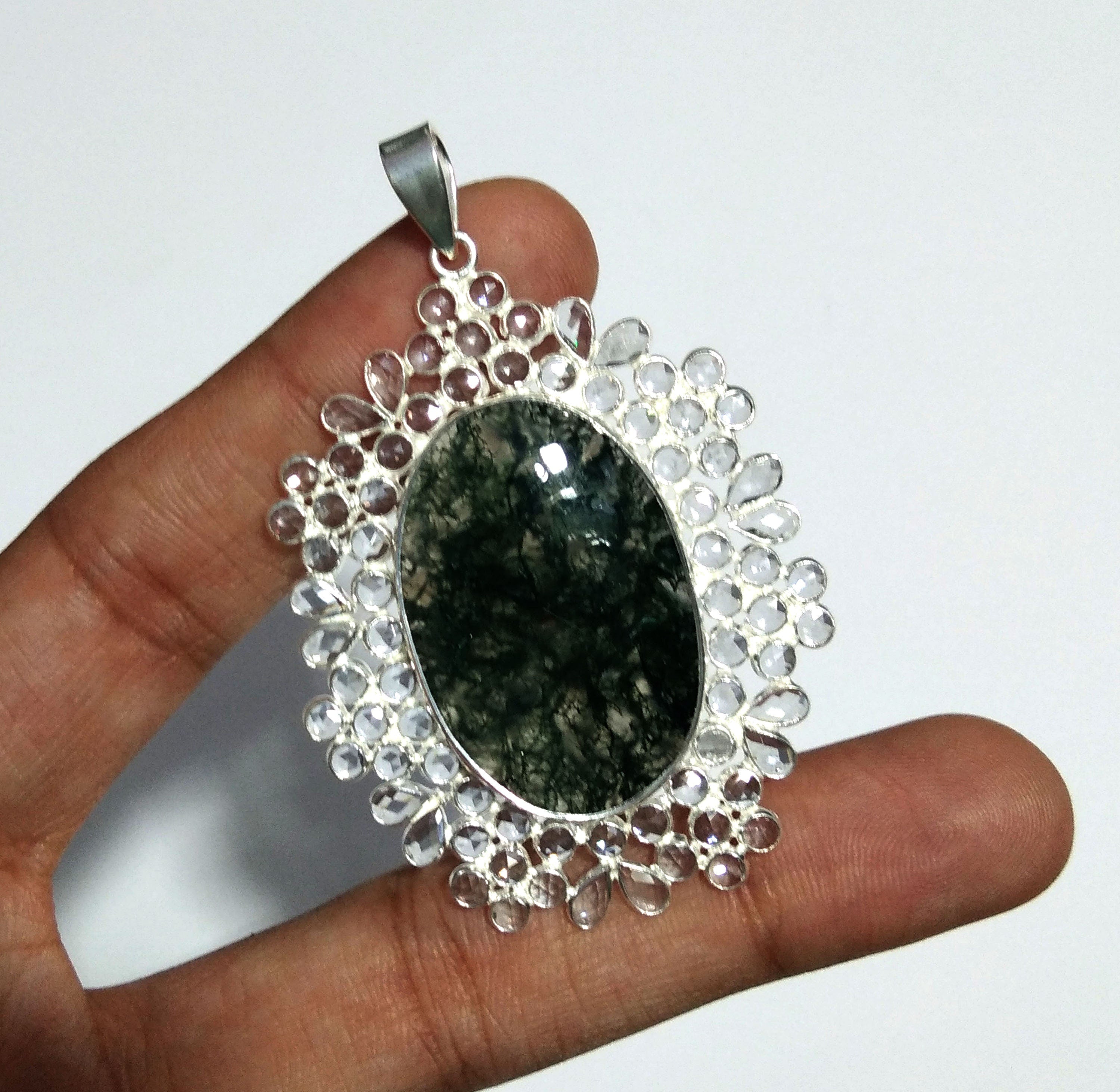 Natural Moss Agate, White Zircon Stone Pendant, Solid 925 Starling Silver Pendant, Stone Size 34x22mm Gift For Girls & Women Pendant Jewelry