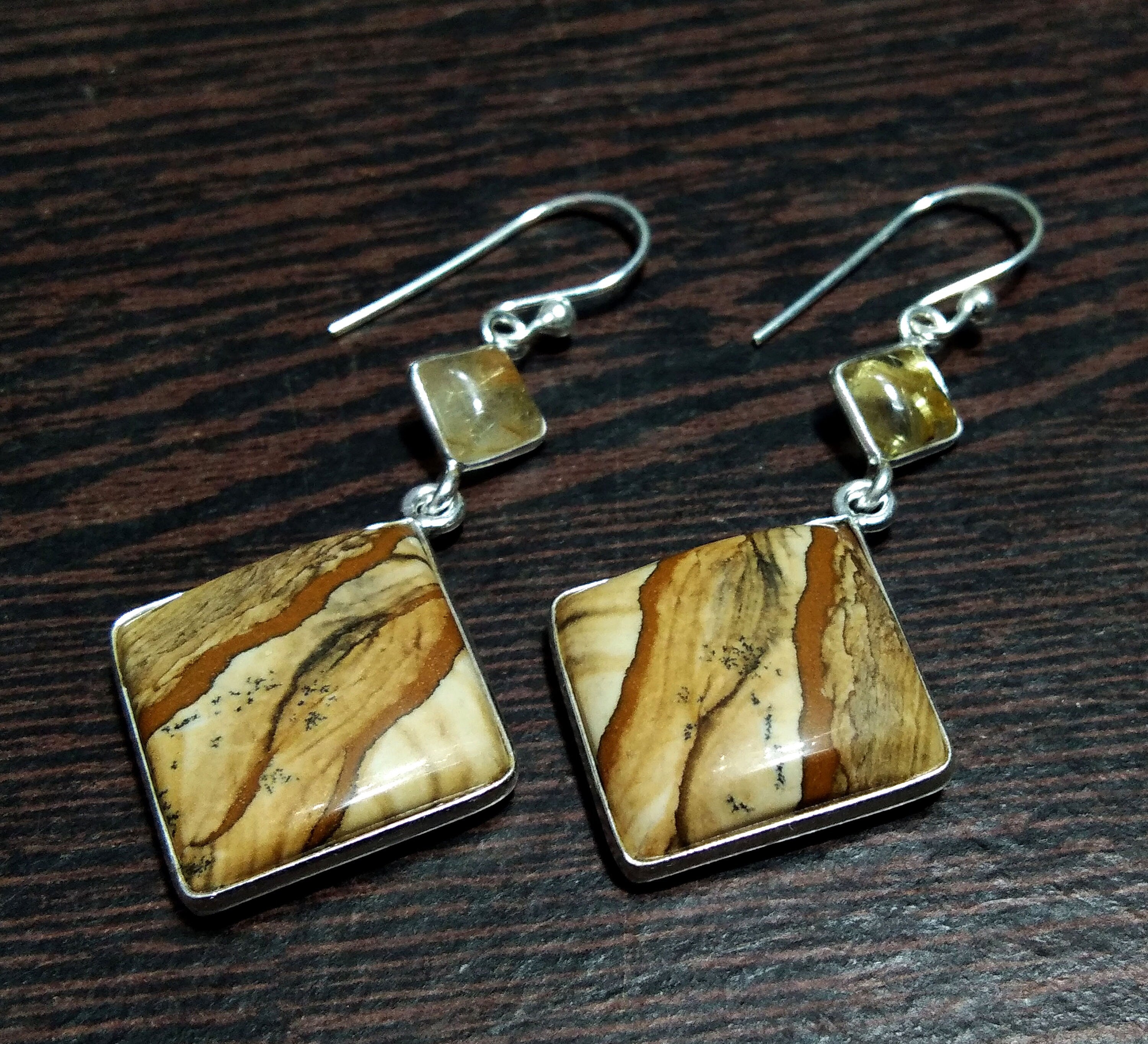 Natural Pitcher Jasper,Golden Rutile Gemstone Drop Earring, 925 Solid Starling Silver Earring, Stone Size 22x22 mm Earrings Women Jewelry