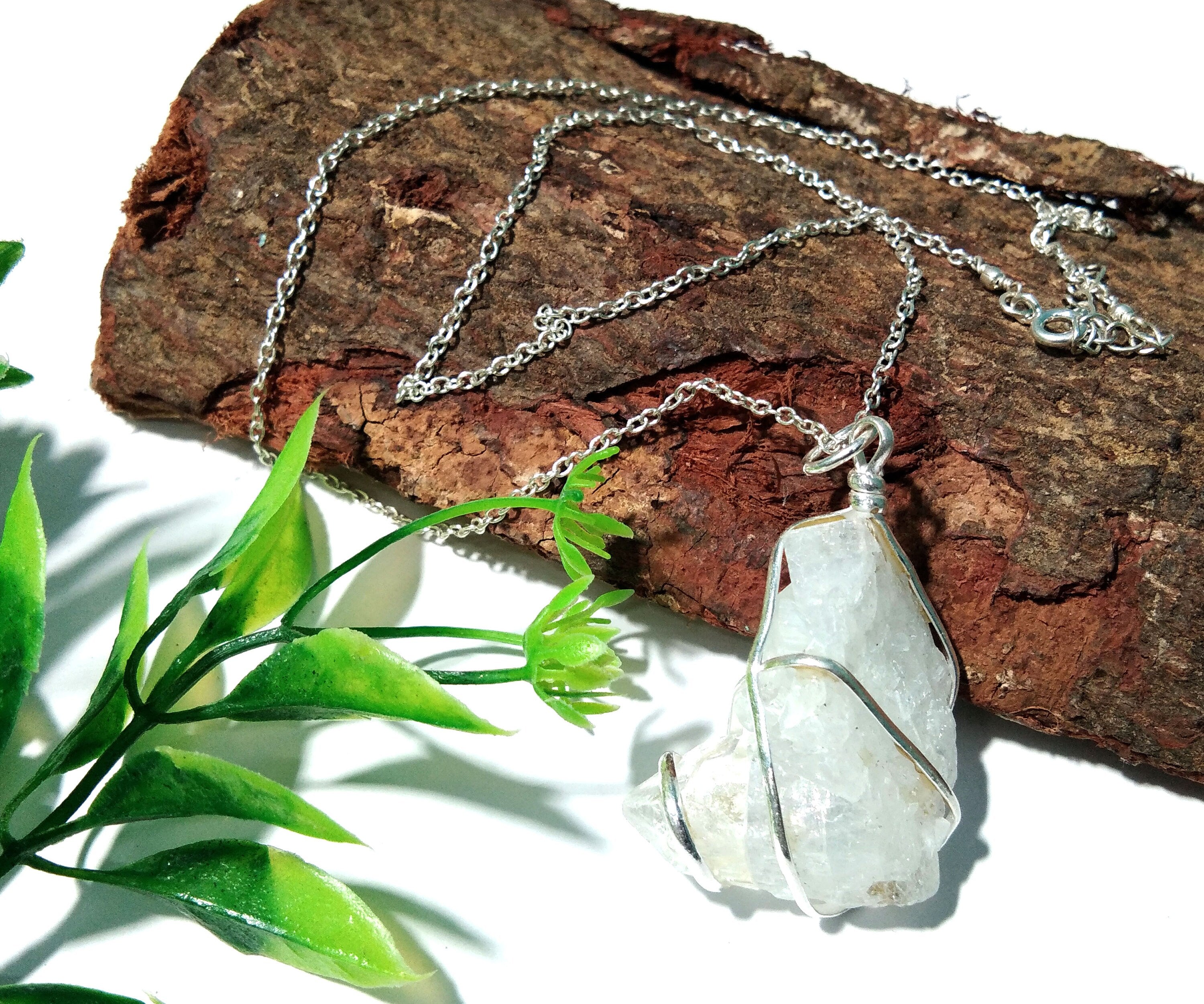 Rock Crystal Quartz Pendants Chain Necklace, 100% Natural Crystal Quartz Raw Pendant With 925 Silver Handmade Jewelry Gift For Girls & Women