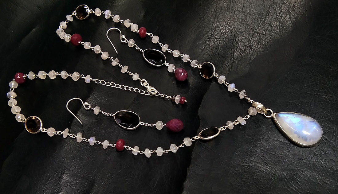 Rainbow Moonstone & Smoky Quartz Necklace Earring Jewelry Set, 925 Sterling Silver Necklace Amazing Quality Rainbow Moonstone Gift For Women