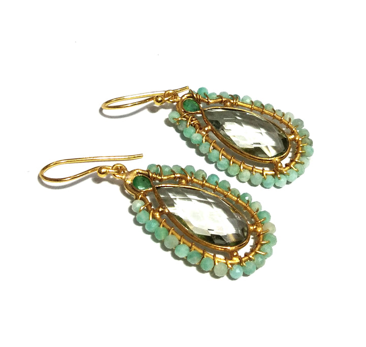 Natural Green Amethyst,Amozonite Bead Stone Earring, 925 Solid Starling Silver Gold Plated Earring, Stone Size 16x8 mm Gift Birthday Earring