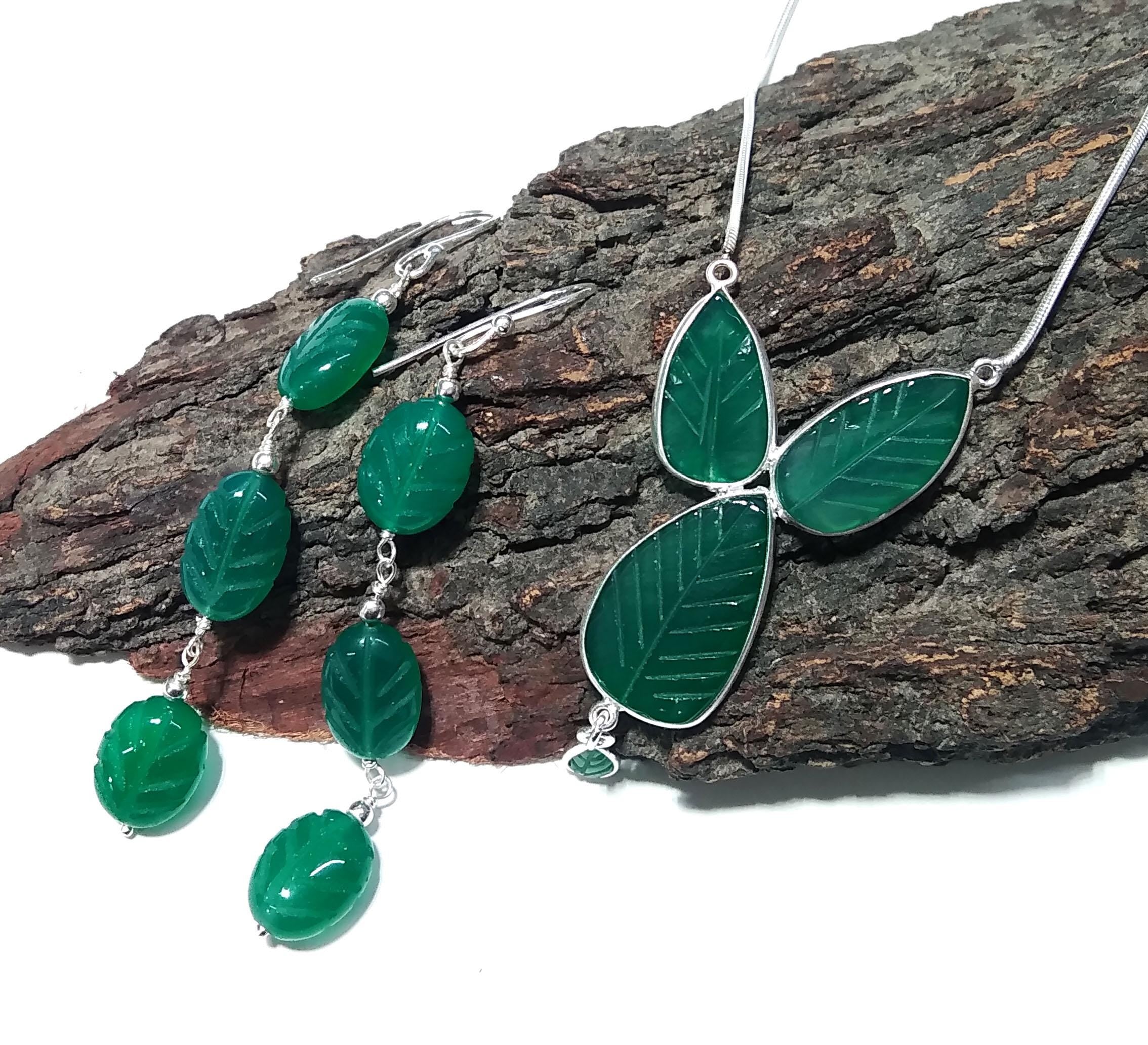 Natural Green Onyx Carved Gemstone Necklace & Earring Jewelry Set, 925 Starling Silver Necklace, Beautiful Onyx Carved Stone Gift For Her