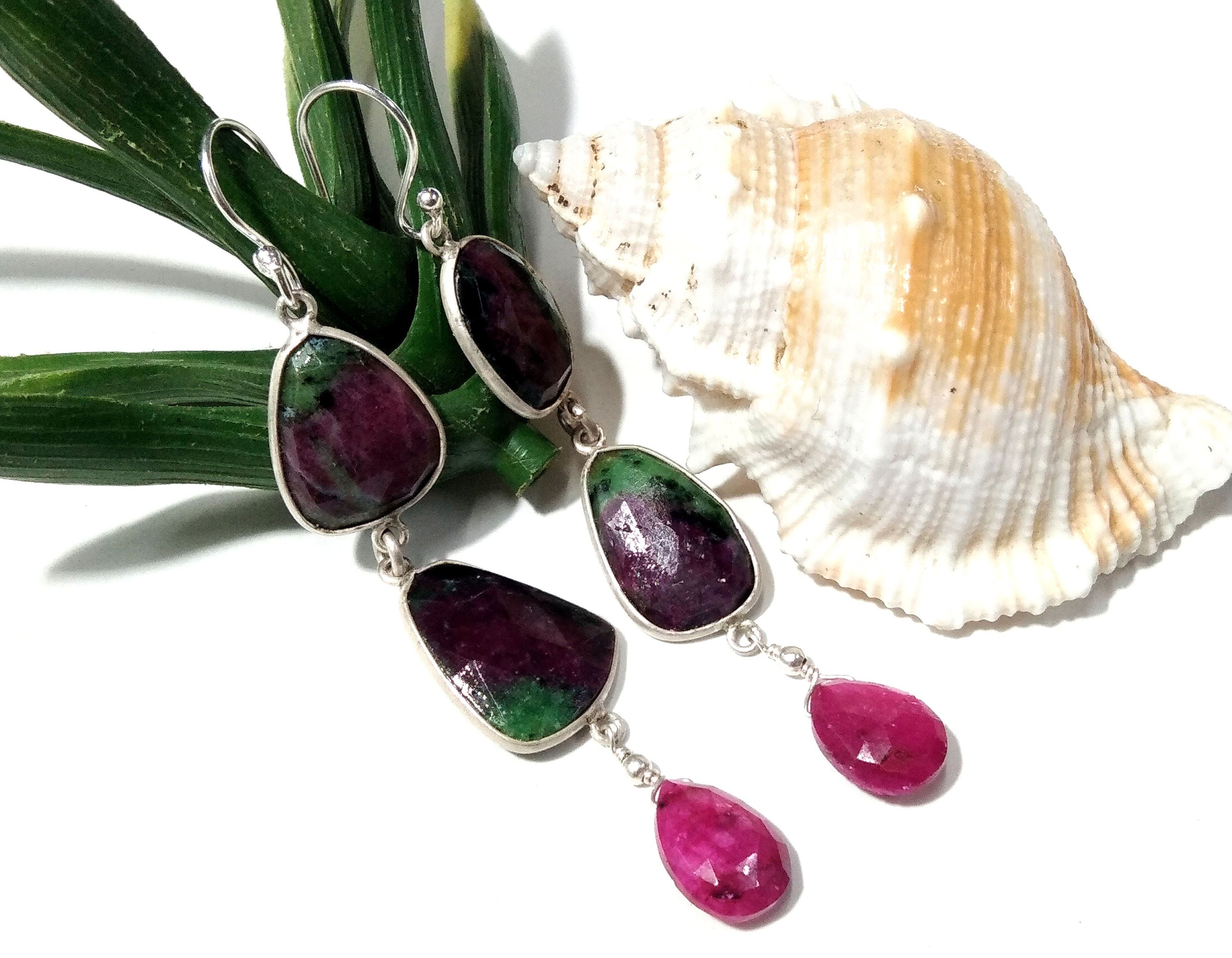 Natural Ruby Zoisite & Red Ruby Gemstone Earrings, Solid 925 Starling Silver Earrings, Ruby Zoisite Rose Cut Gemstone Handmade Gift Earrings