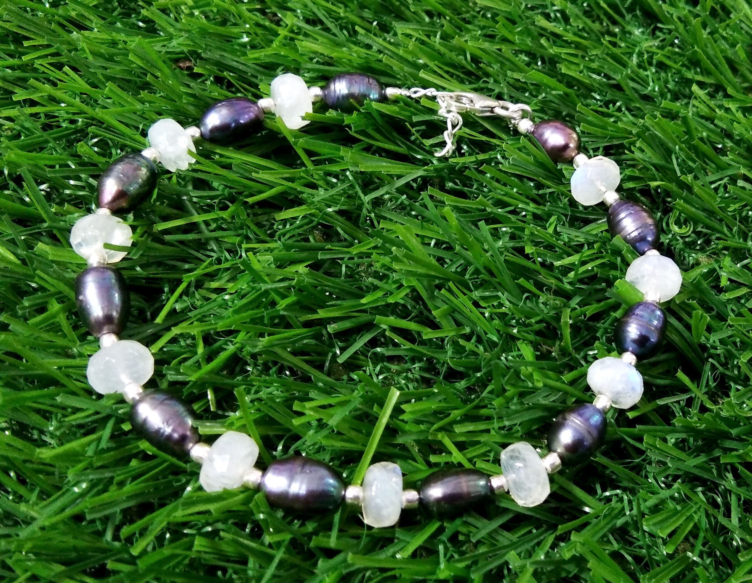 Rainbow Moonstone & Grey Pearl Adjustable Bracelets, Natural Gemstone With 925 Silver Jewelry, Wedding Bracelet, Bridesmaid Gift For Women