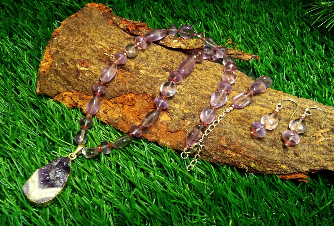 Natural Amethyst Druzy/Tumble/Pink Tourmaline Gemstone Beads Necklace Set Jewelry, 925 Silver Necklace Beaded Necklace Statement Jewelry