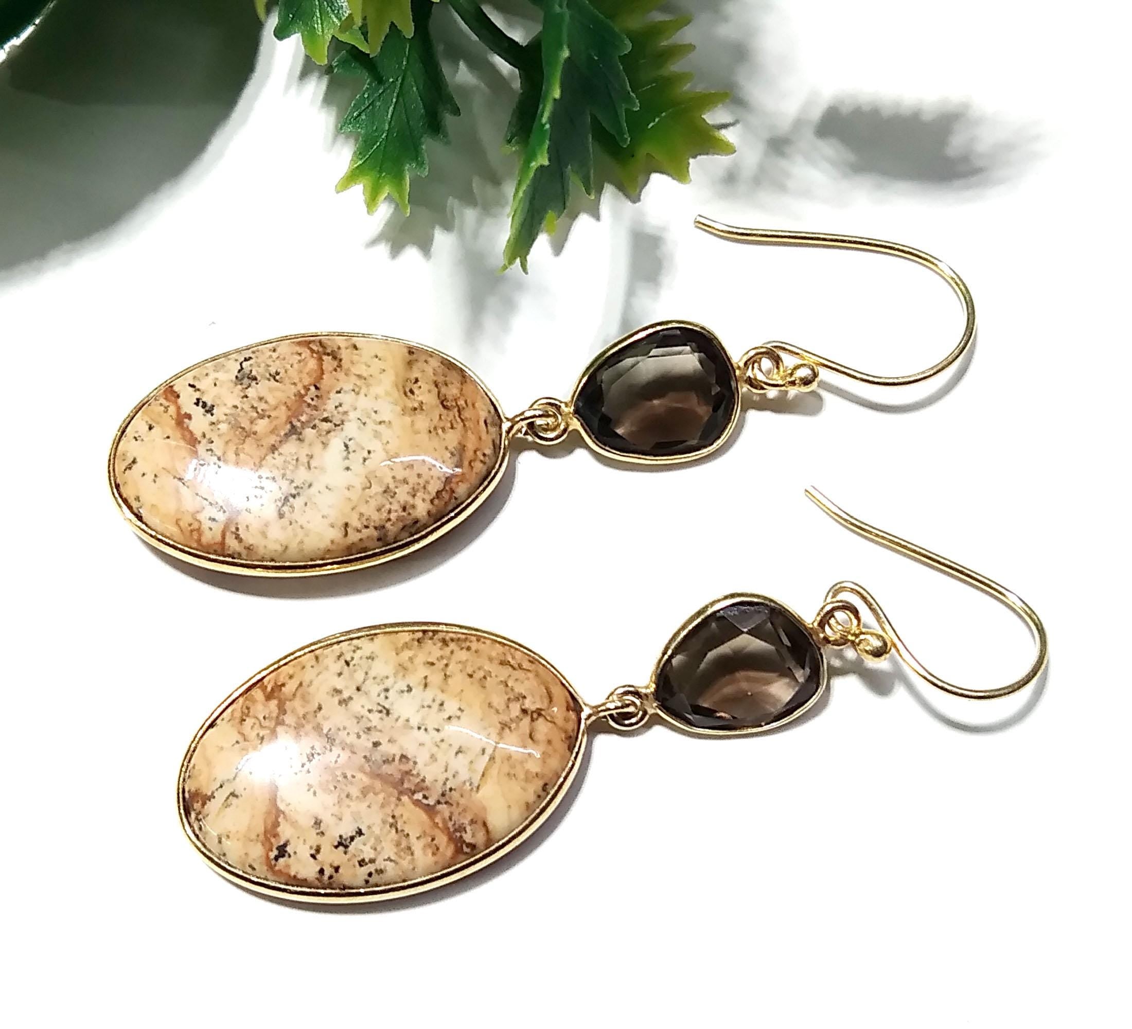 Natural Pitcher Jasper/Smoky Quartz Gemstone Earring, 925 Sterling Silver Earring Drop Dangle Stone Earring, Gift Wedding Earring Jewelry
