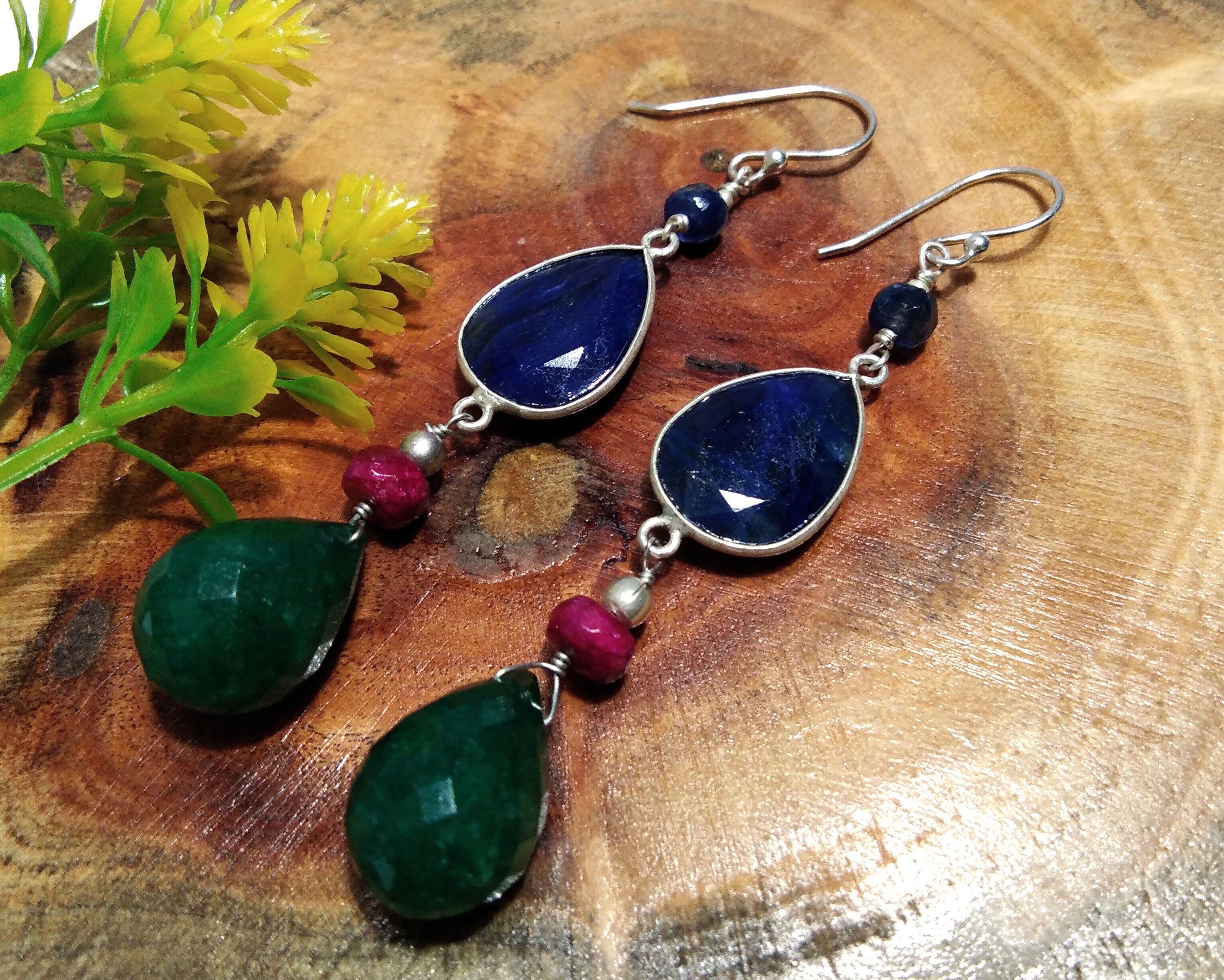 Natural Blue Sapphire, Green Jade Earring, 925 Solid Starling Silver Earring, Blue Sapphire Stone Handmade Gift Women Christmas Earring