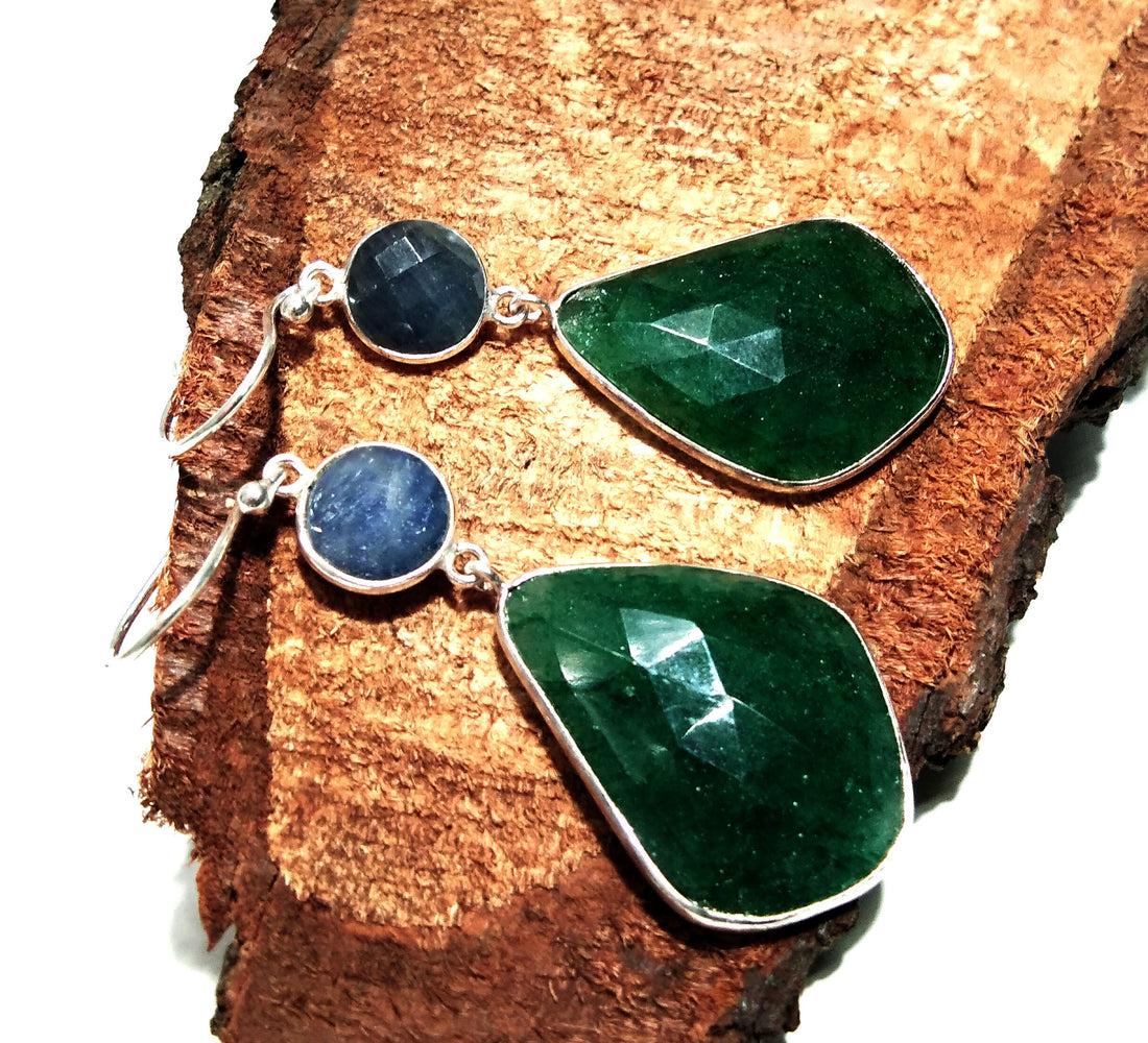 Natural Blue Sapphire/Green Jade Gemstone Earring, 925 Solid Starling Silver Earring, Handmade Silver Earring Top Color Stone Earring Gift
