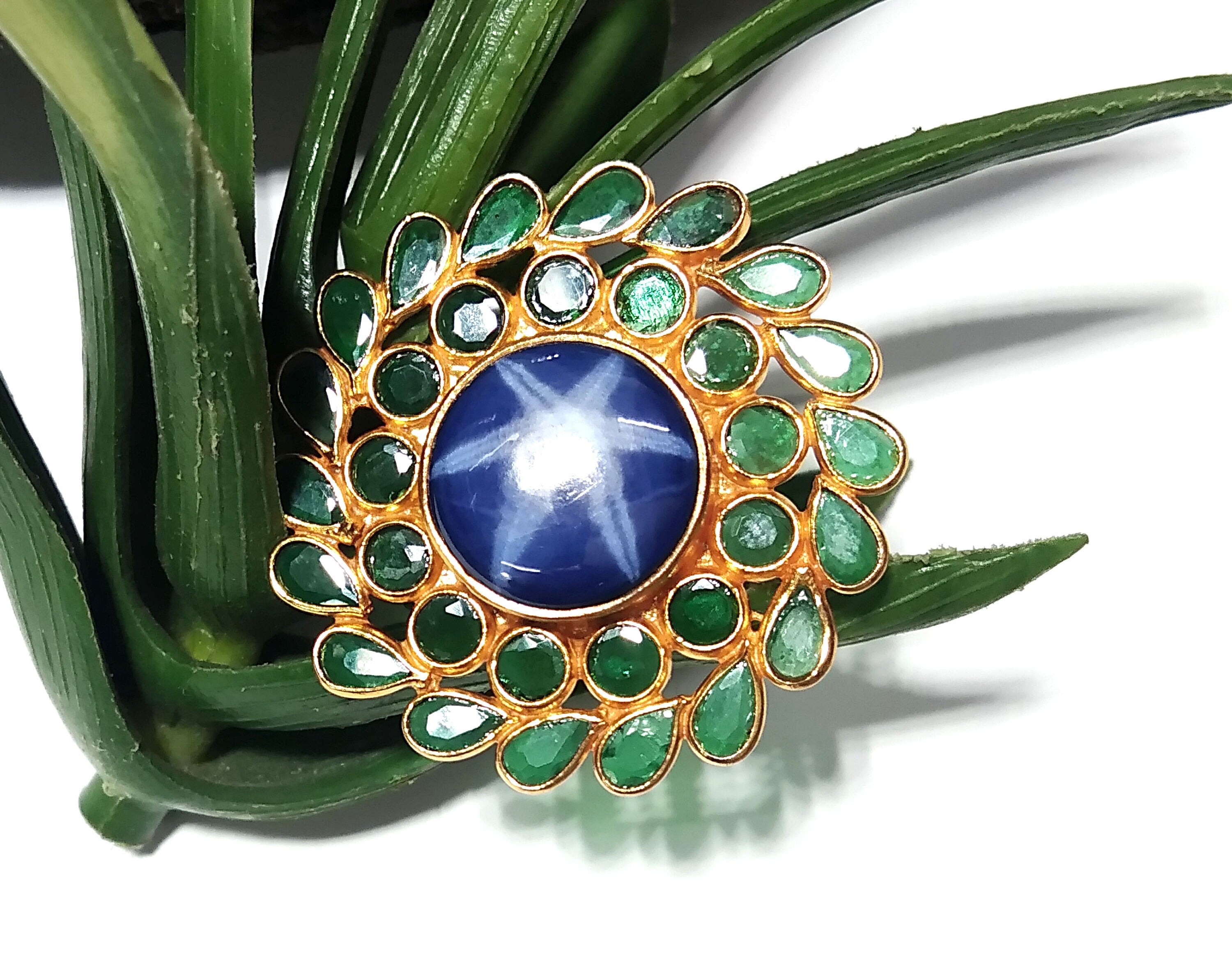 Natural Blue Sapphire Lindy Star & Green Zircon Polki Ring, 925 Silver With Gold Plated Ring, Handmade Jewelry Ring, Gift For Girls/Women