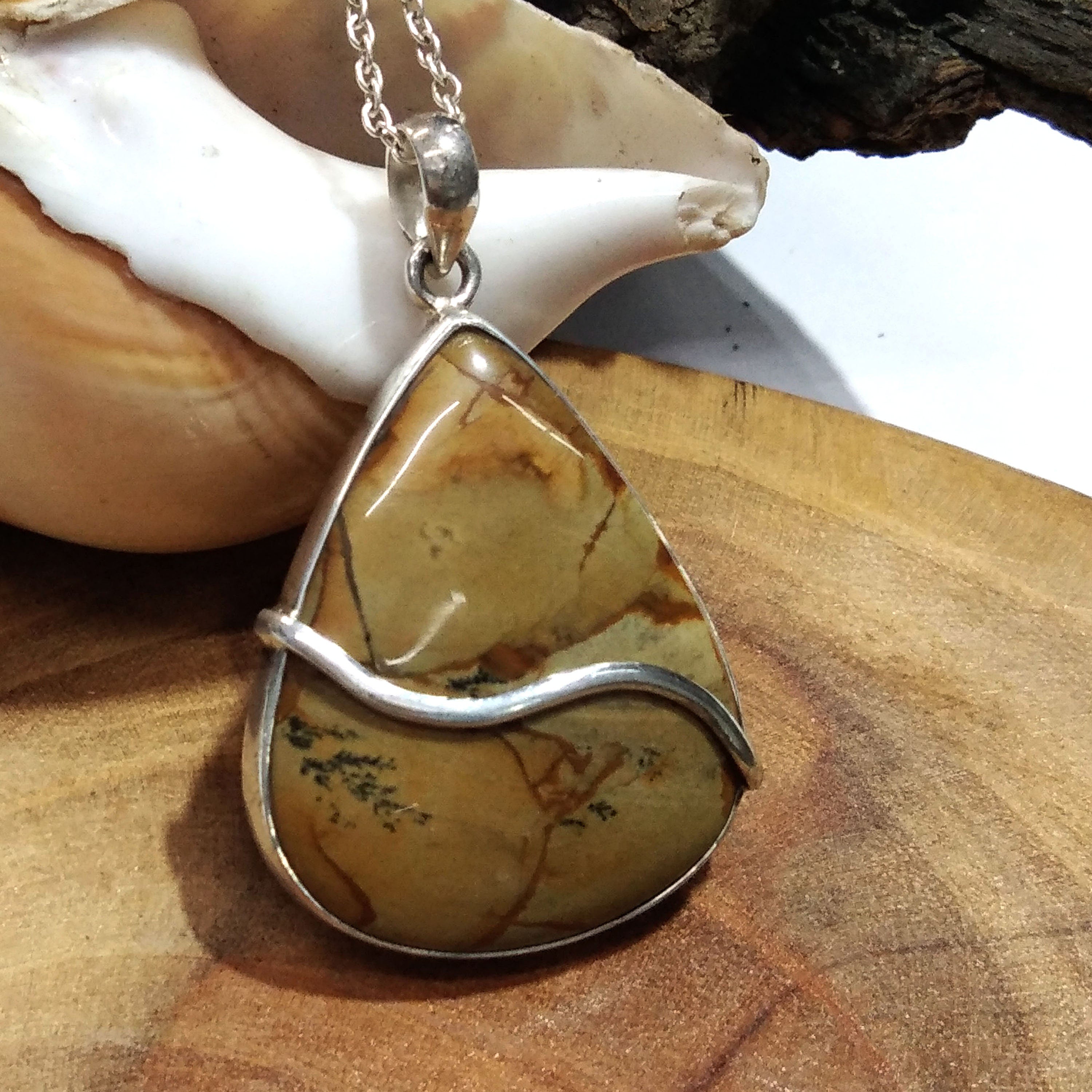 Natural Picture Jasper Gemstone Pendant Necklace Chain, 925 Starling Silver Pendant Necklace, Handmade Jewelry Stone Size 35x28 mm Pendant