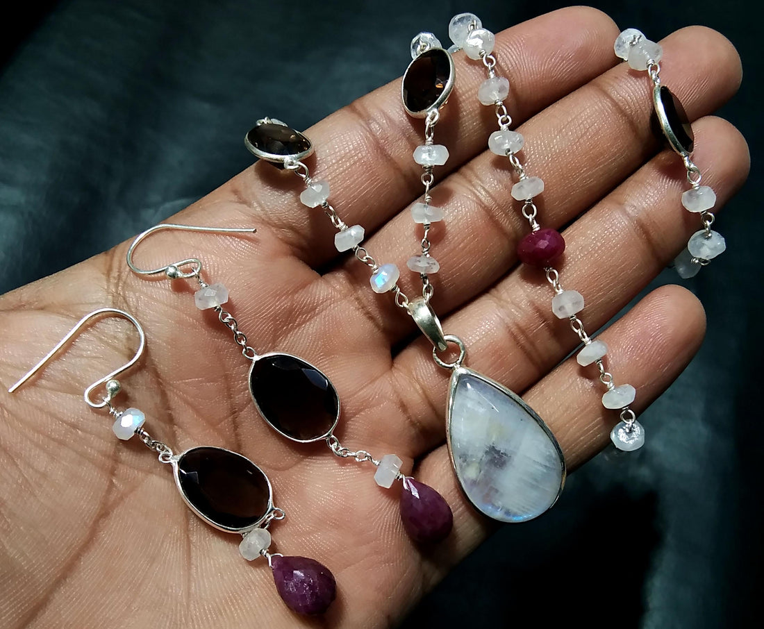 Rainbow Moonstone & Smoky Quartz Necklace Earring Jewelry Set, 925 Sterling Silver Necklace Amazing Quality Rainbow Moonstone Gift For Women
