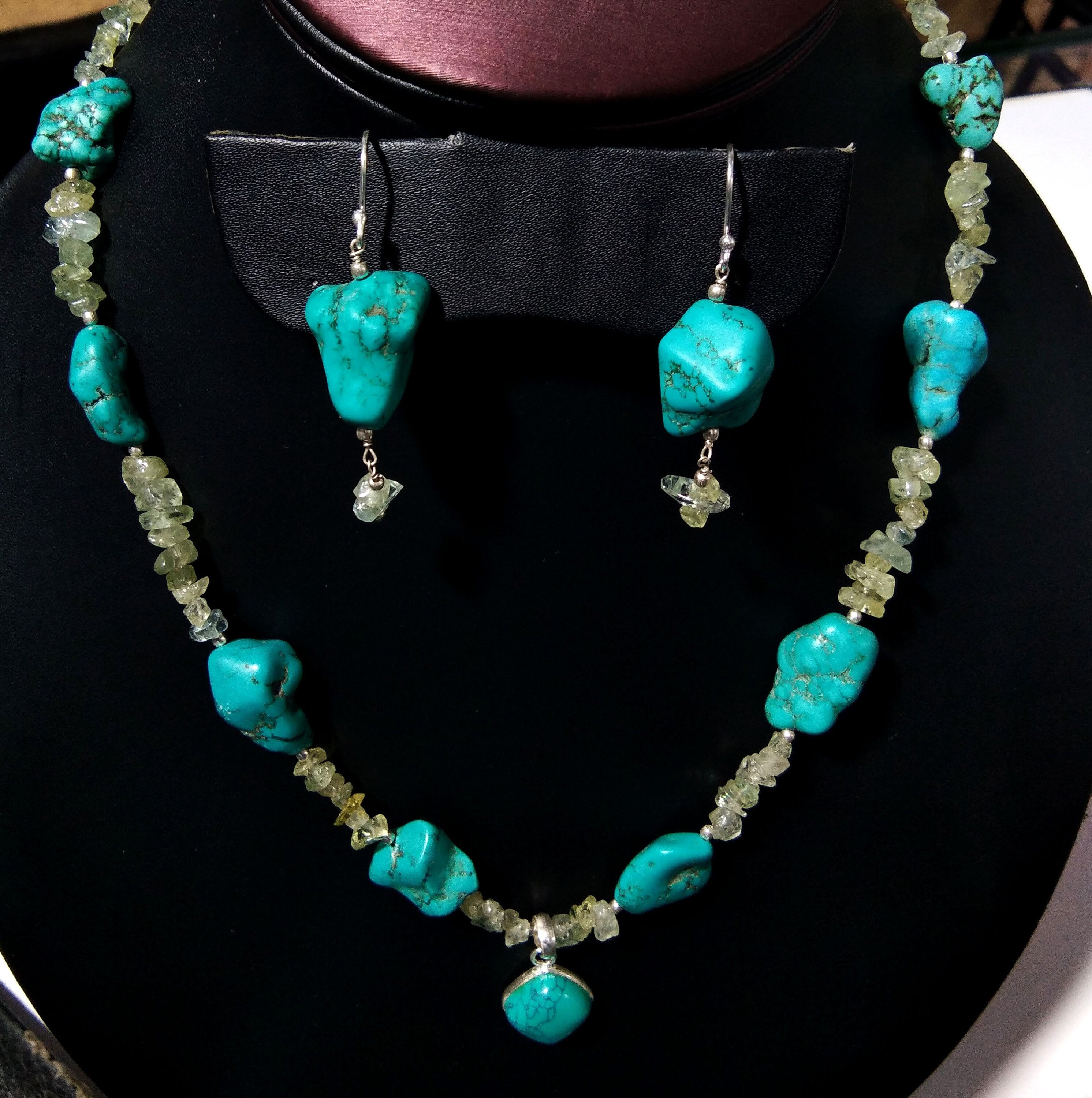 Long Natural Turquoise Rough Gemstone Necklace and Earring Aquamarine Rough Beads Necklace Set 925 Starling Silver Handmade Jewelry For Gift