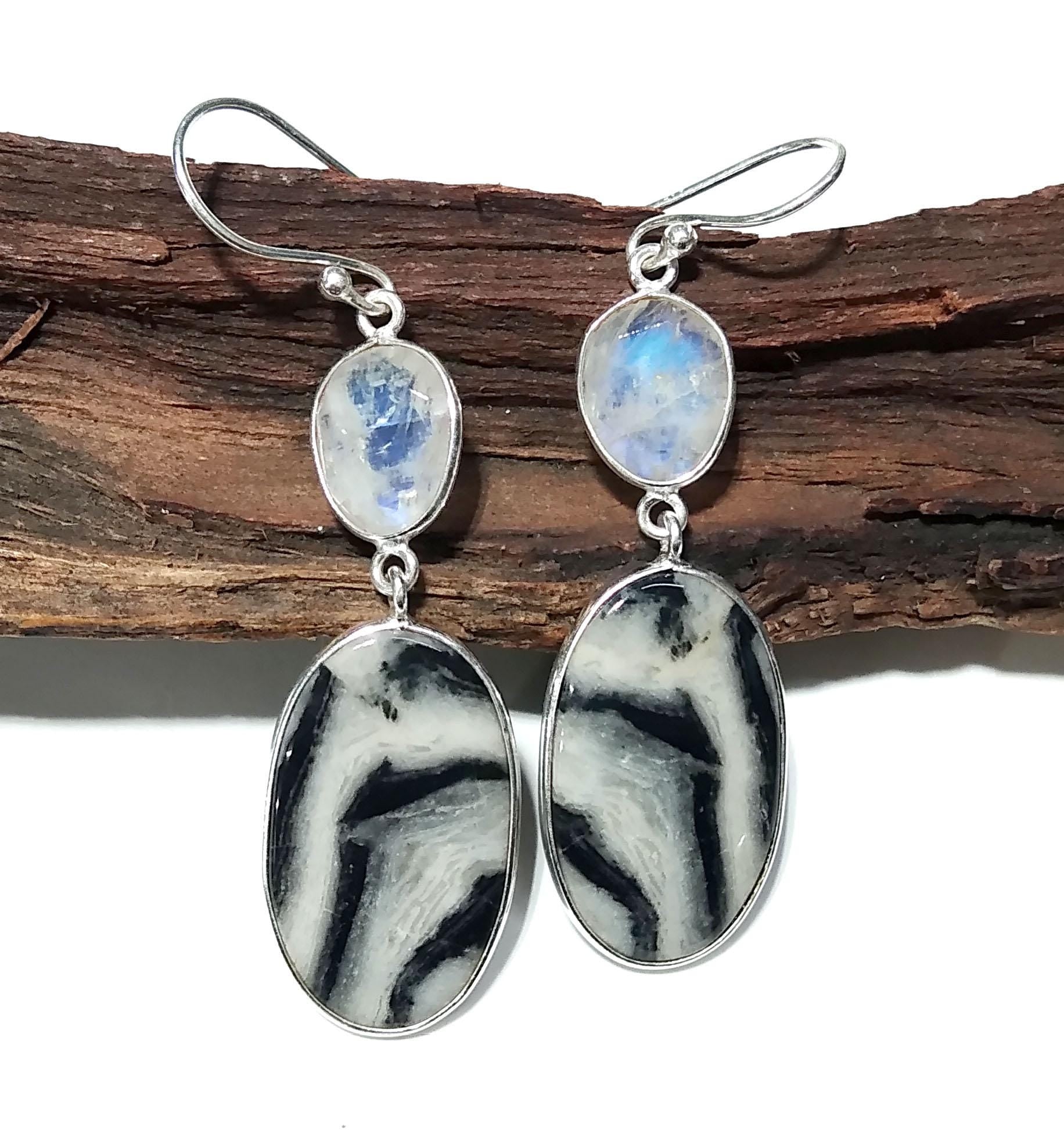 Natural Zebra Jasper And Rainbow Moonstone Earring, 925 Sterling Silver Earring, Jewelry Stone Size 23x14mm For Gift Anniversary Earring