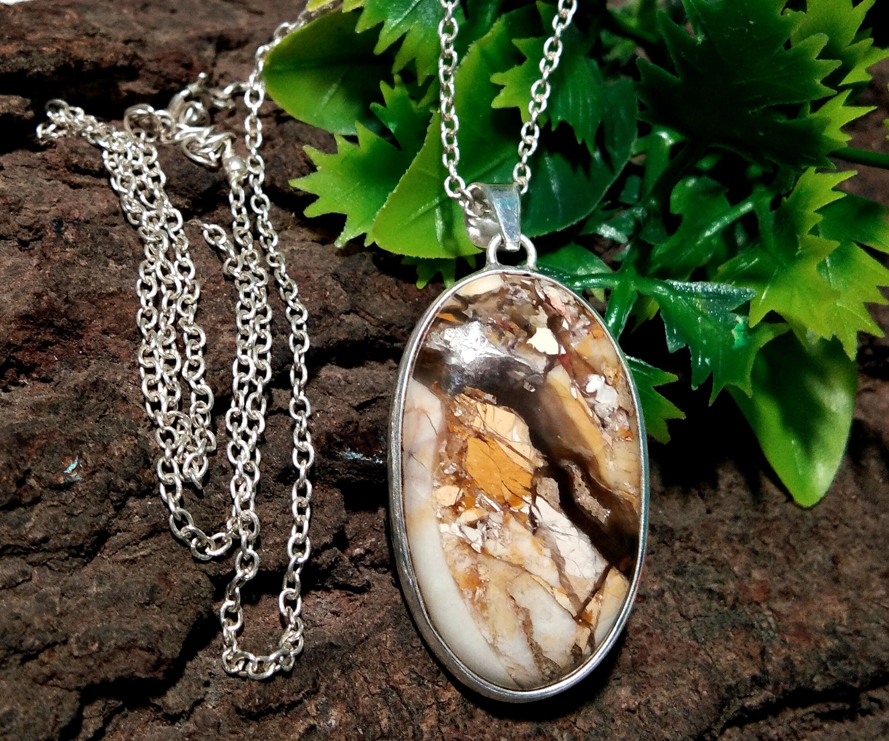 Natural Brecciated Mookaite Gemstone Pendant Chain Necklace, 925 Sterling Silver Pendant Jewelry Handmade Gift Easter Pendant Chain Necklace