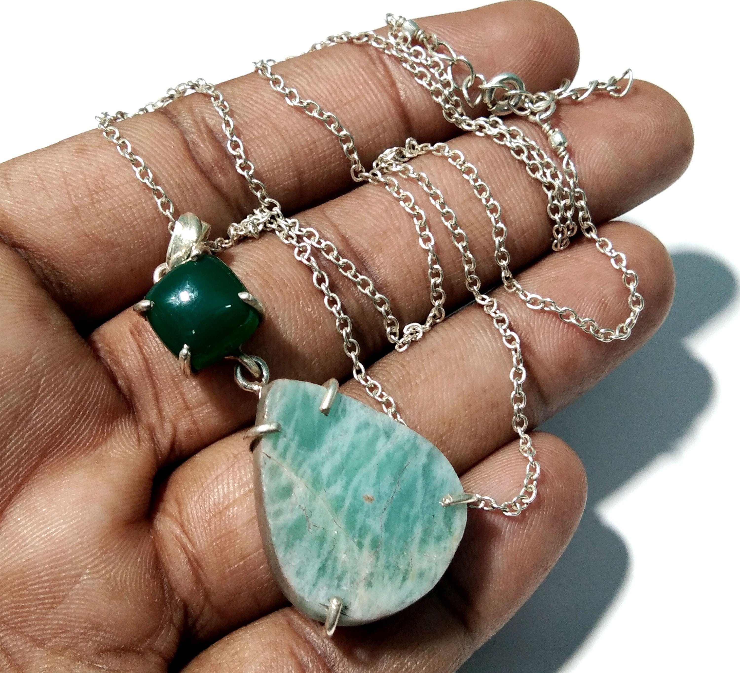 Natural Druzy Amazonite/Green Onyx Gemstone Chain Pendant Necklace, 925 Starling Silver Pendant Handmade Jewelry For Gift Wedding Pendant