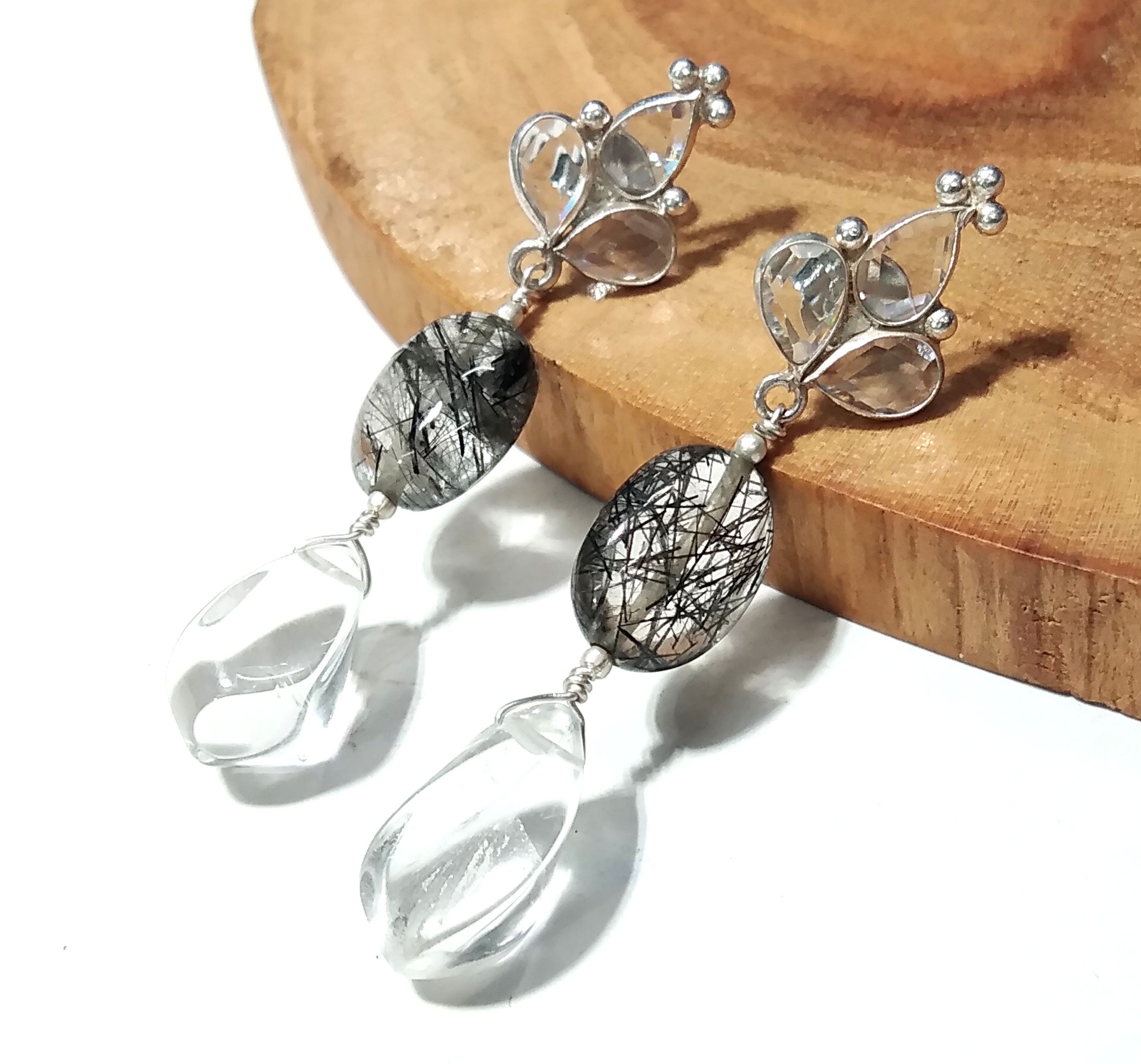 Rutile Quartz/Zircon And Crystal Gemstone Earrings ! 925 Silver With Natural Gemstone Zircon Faceted & Rutile Quartz Earring