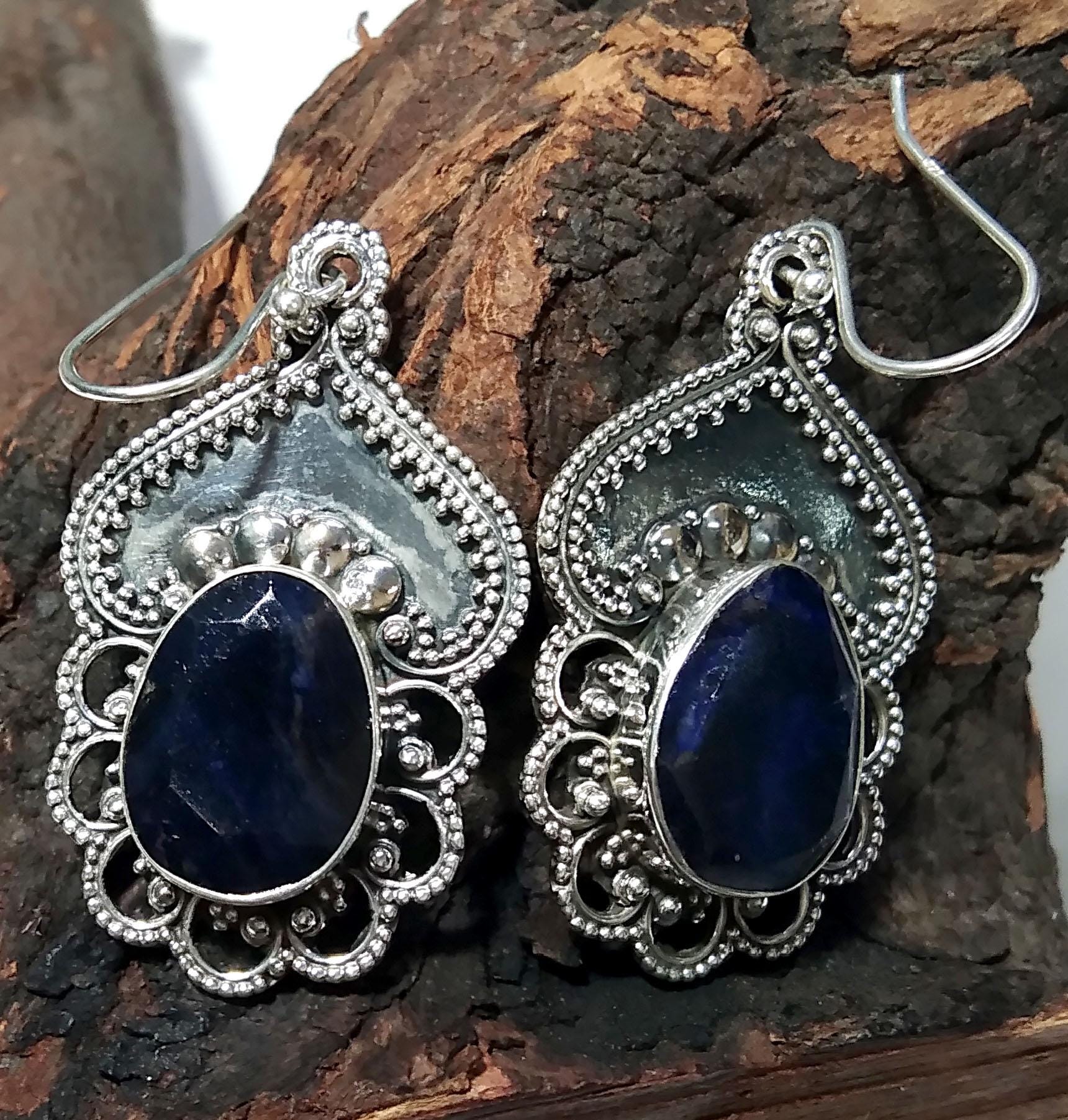 Natural Blue Sapphire Earrings Gemstone, 925 Solid Starling Silver Earring Jewelry, Oval Shape Stone Size 16x12 mm Sapphire For Gift Earring