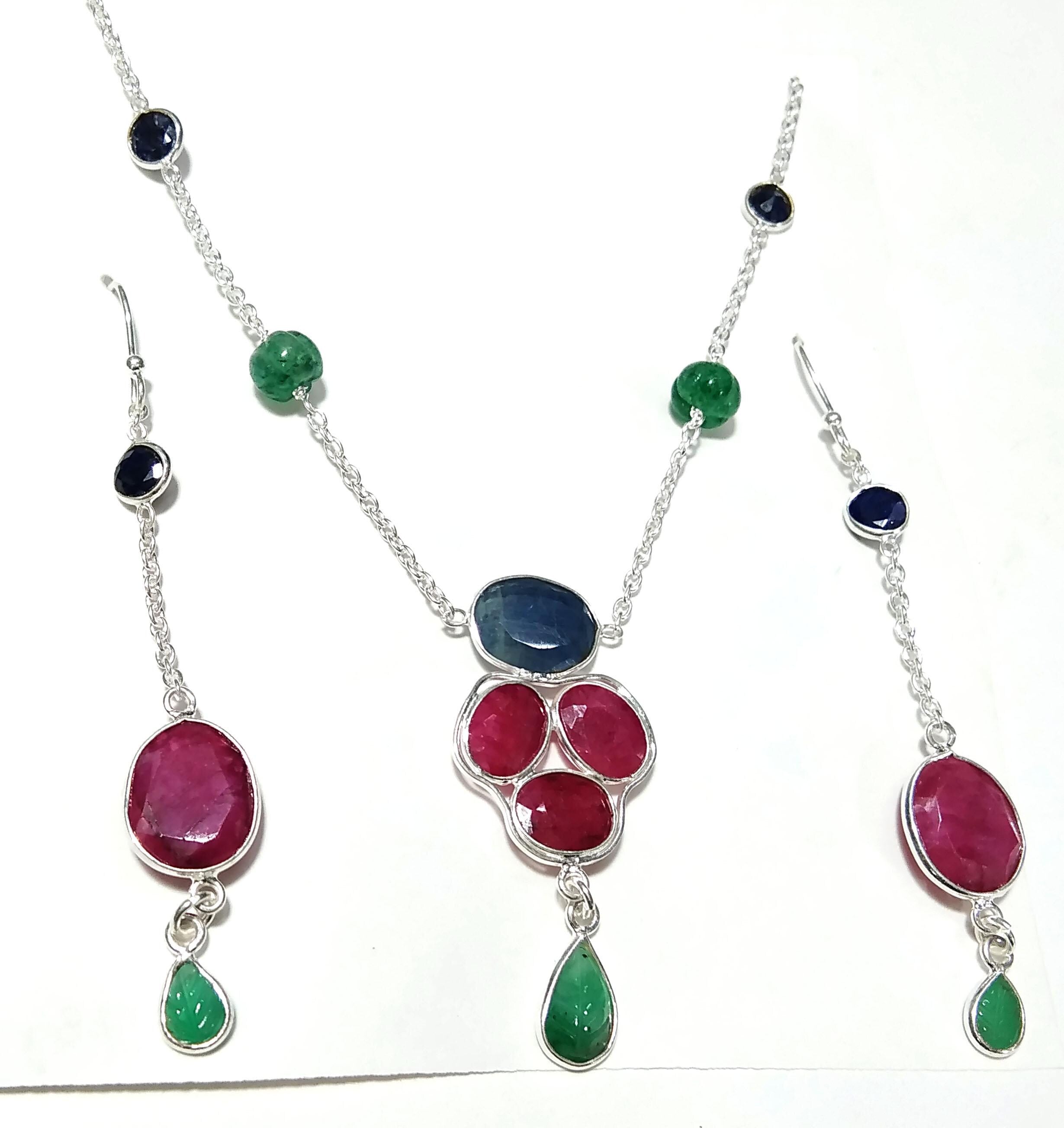 Natural Red Ruby/Multi Tourmaline Gemstone Necklace Earring Jewelry Set, 925 Sterling Silver Necklace Earring Jewelry Gift For Girls & Women