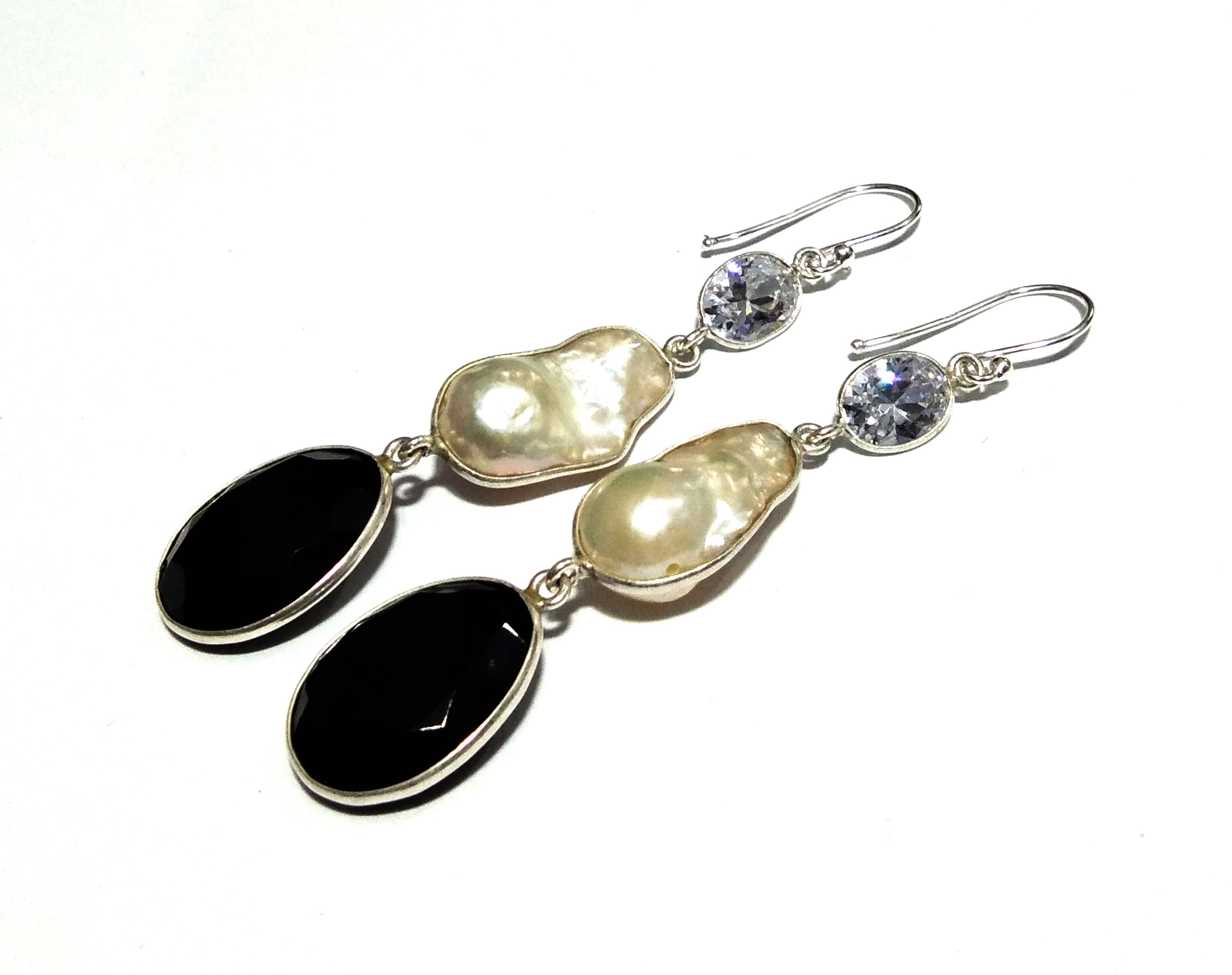 Fresh Water Baroque Pearl/Black Onyx/Topaz Stone Drop Earring, 925 Solid Starling Silver Earring, White Pearl Gemstone Wedding Earring