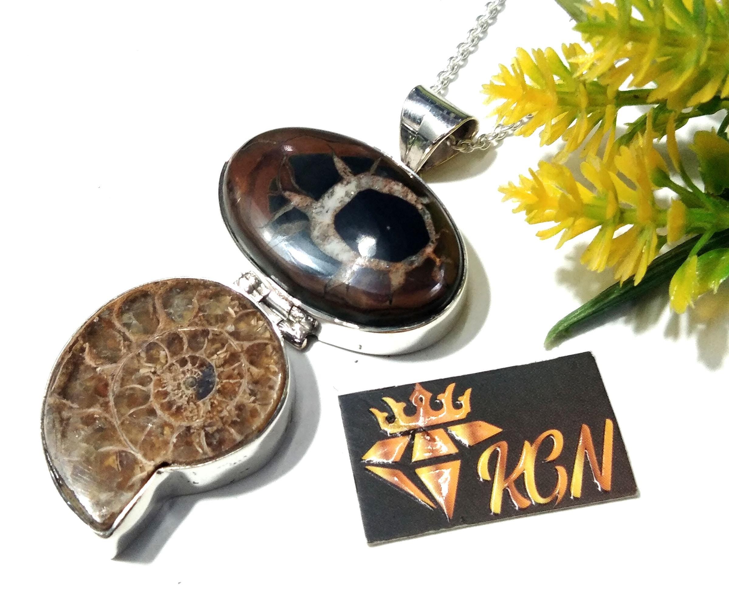 Natural Sapterian & Ammonite Gemstone Pendant Chain Necklace, 925 Silver Pendant Jewelry, Handmade Pendant Necklace, Gift Birthday Pendant