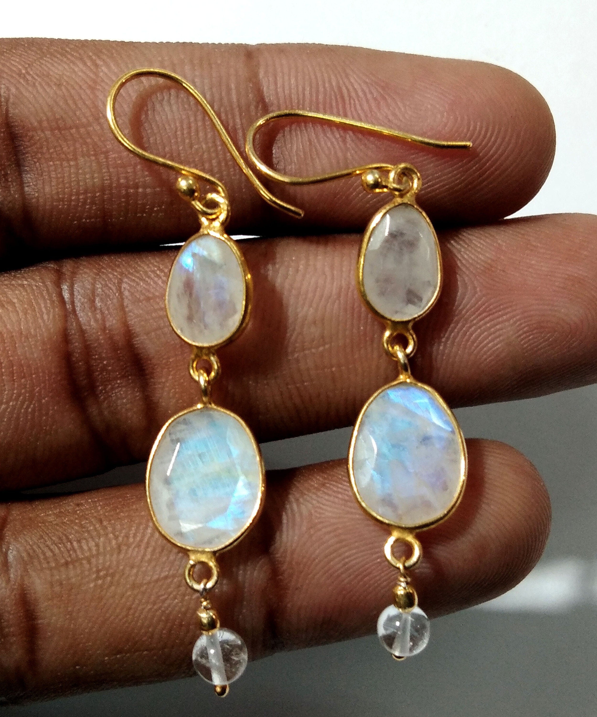 Rainbow Moonstone Earring ! 925 Starling Silver With Gold Plated Earring, Natural Gemstone Earring, Silver Bezel Handmade Earring For Gift.