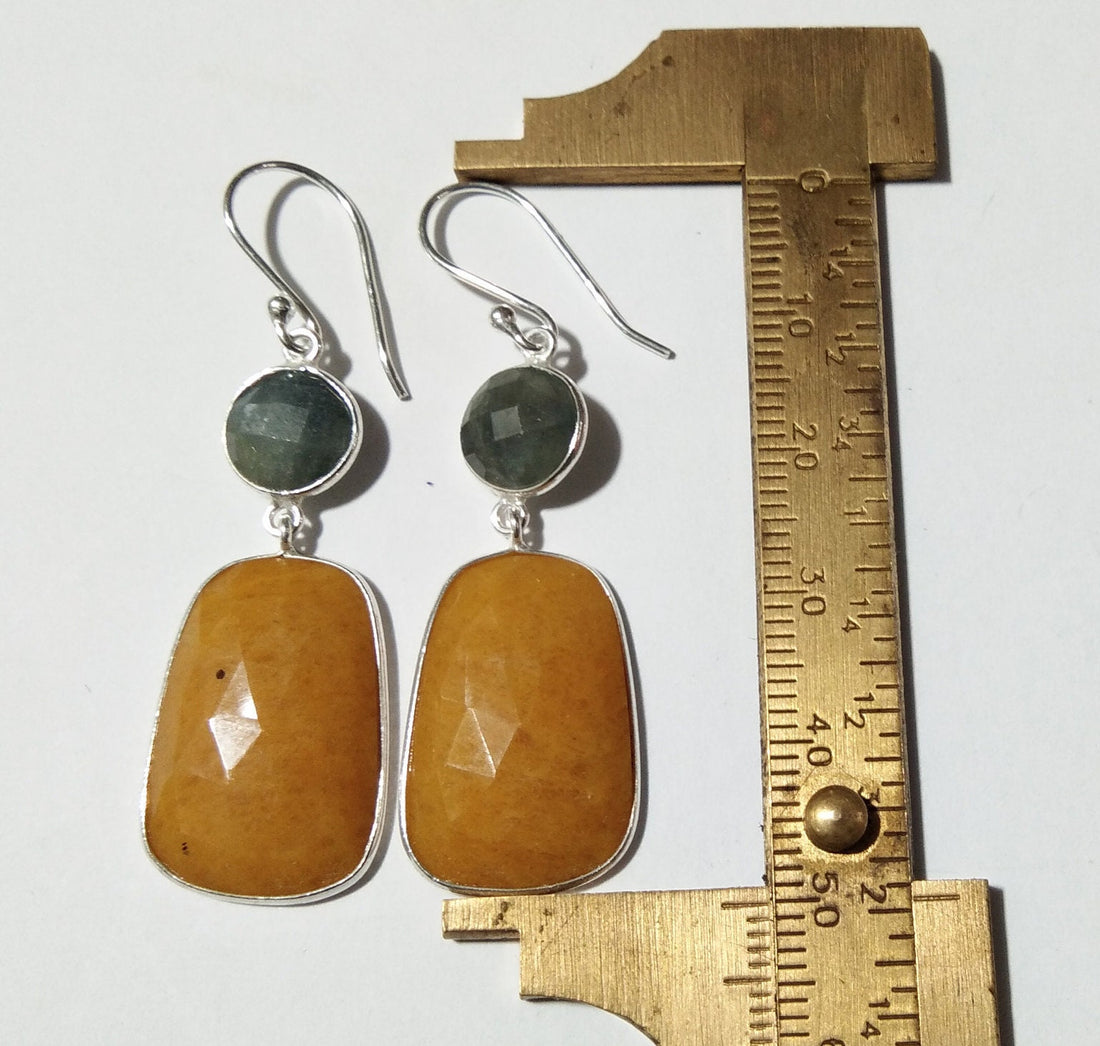Natural Blue Sapphire, Yellow Jade Earring, Nice Bezel Earring, Beautiful Gemstone Earring, 925 Starling Silver Earring, Handmade Earring.