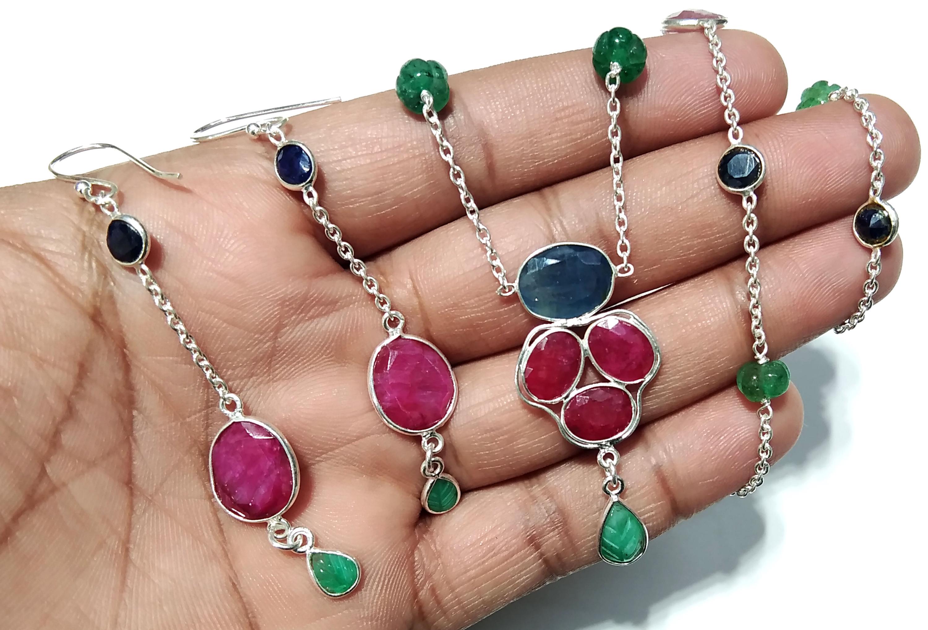 Natural Red Ruby/Multi Tourmaline Gemstone Necklace Earring Jewelry Set, 925 Sterling Silver Necklace Earring Jewelry Gift For Girls & Women