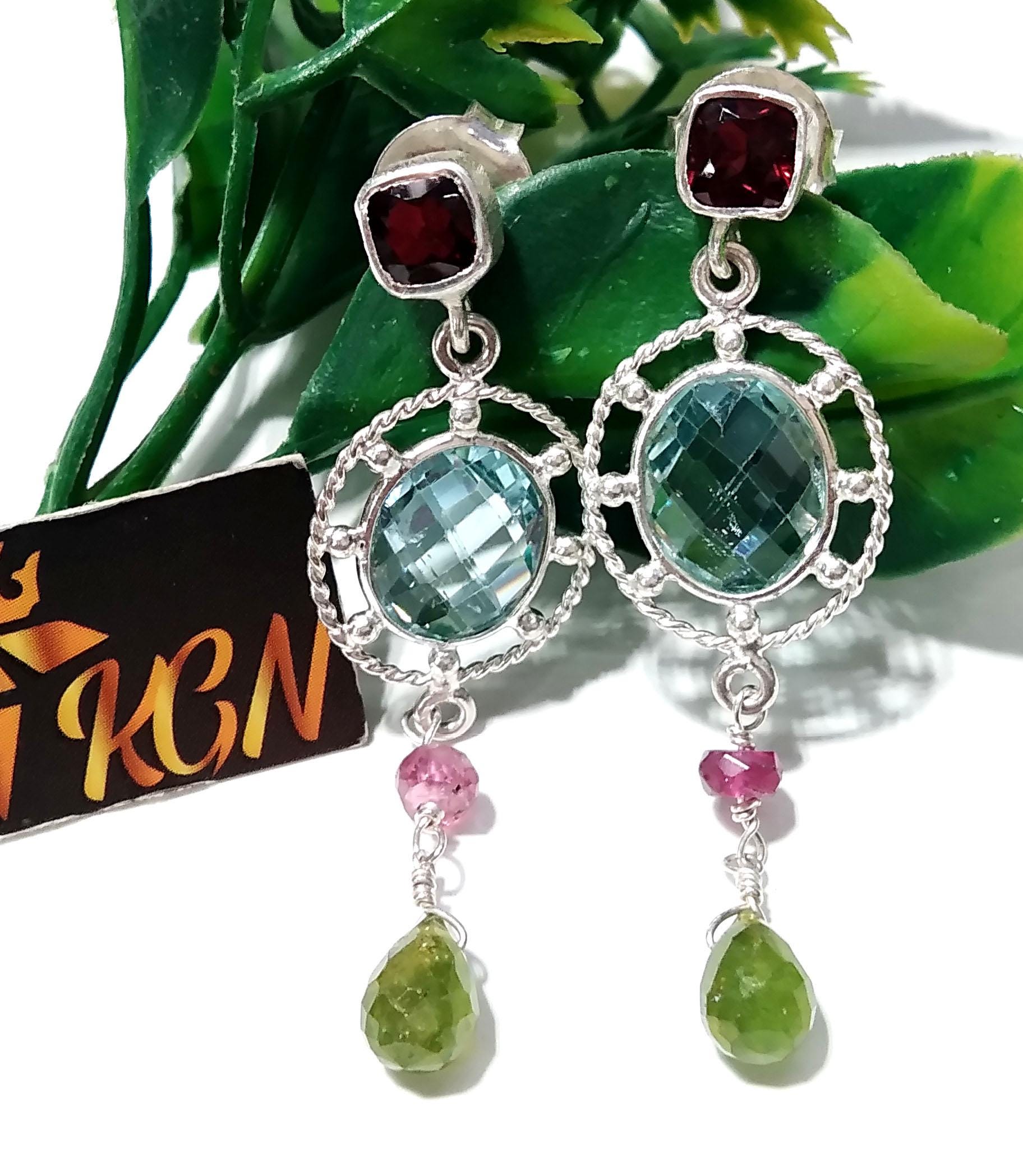 Blue Topaz Earring ! 925 Starling Silver Jewelry, Multi Gemstone Earring, Beautiful Nice Design Handmade Earring, For Gift Girls & Women.