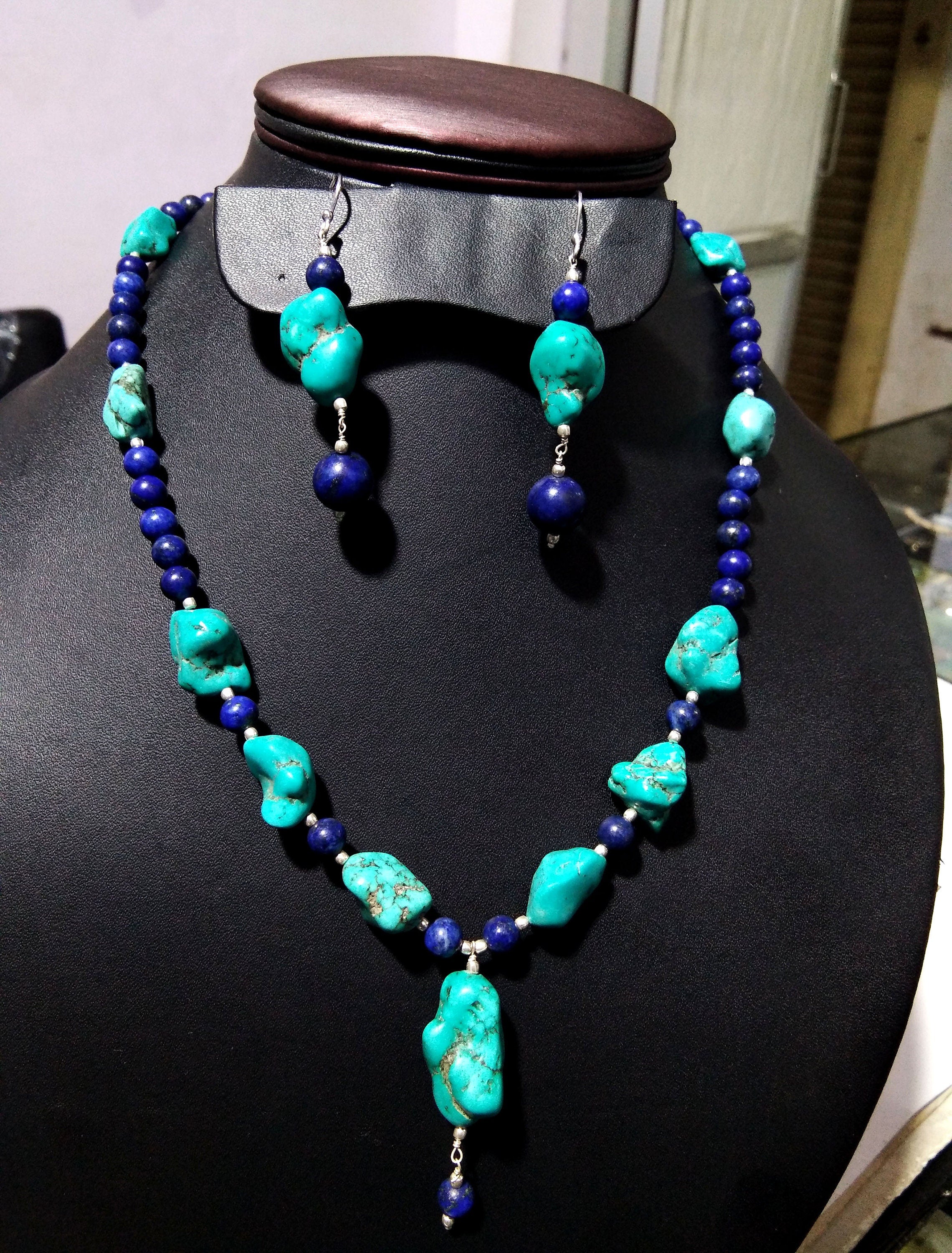 Long Natural Turquoise Rough Gemstone Necklace and Earring, Top Color Dark Blue Lapis Lazuli 925 Sterling Silver Handmade Jewelry Gift Women