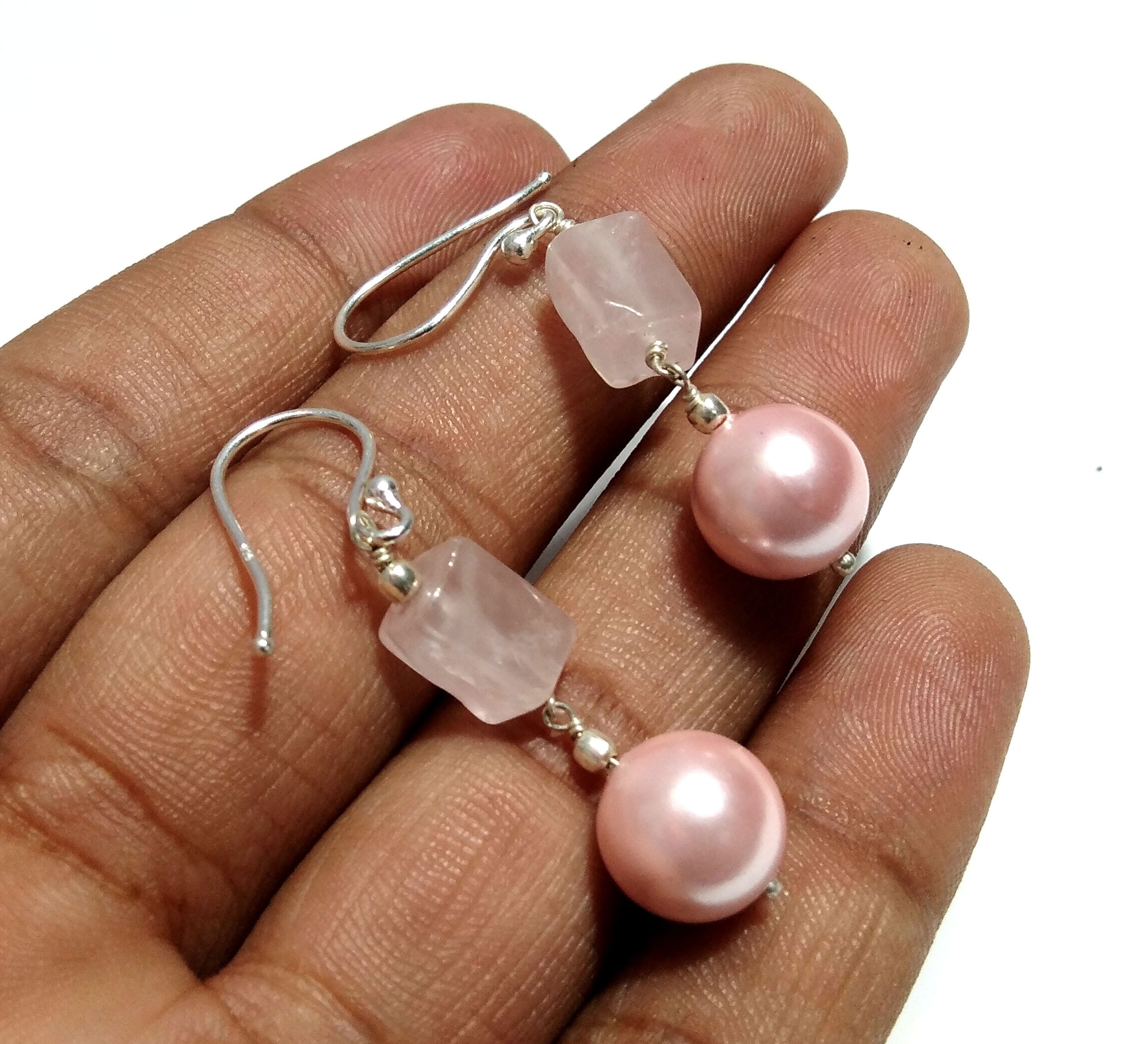 Natural Pink Baroque Pearl/Rose Quartz Stone Drop Earring, 925 Solid Starling Silver Earring Jewelry Stone Size 9x9 mm Gift Birthday Earring