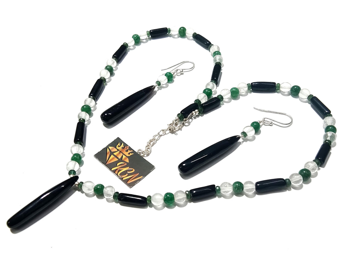 Natural Black Onyx/Crystal Beads Necklace Earring Set Jewelry, 925 Sterling Silver Necklace, Gemstone Necklace, Statement For Gift Jewelry