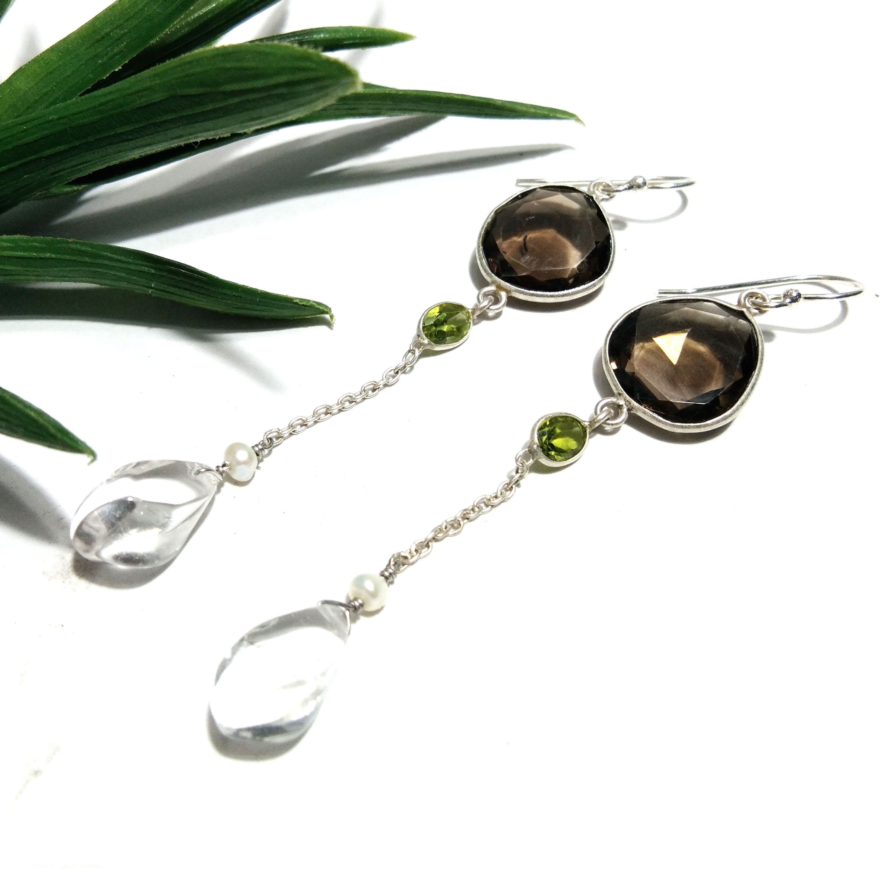 Natural Smoky Quartz/Crystal Quartz Earring, 925 Solid Starling Silver Earring Crystal Quartz Stone, Handmade Gift Women Earring Jewelry