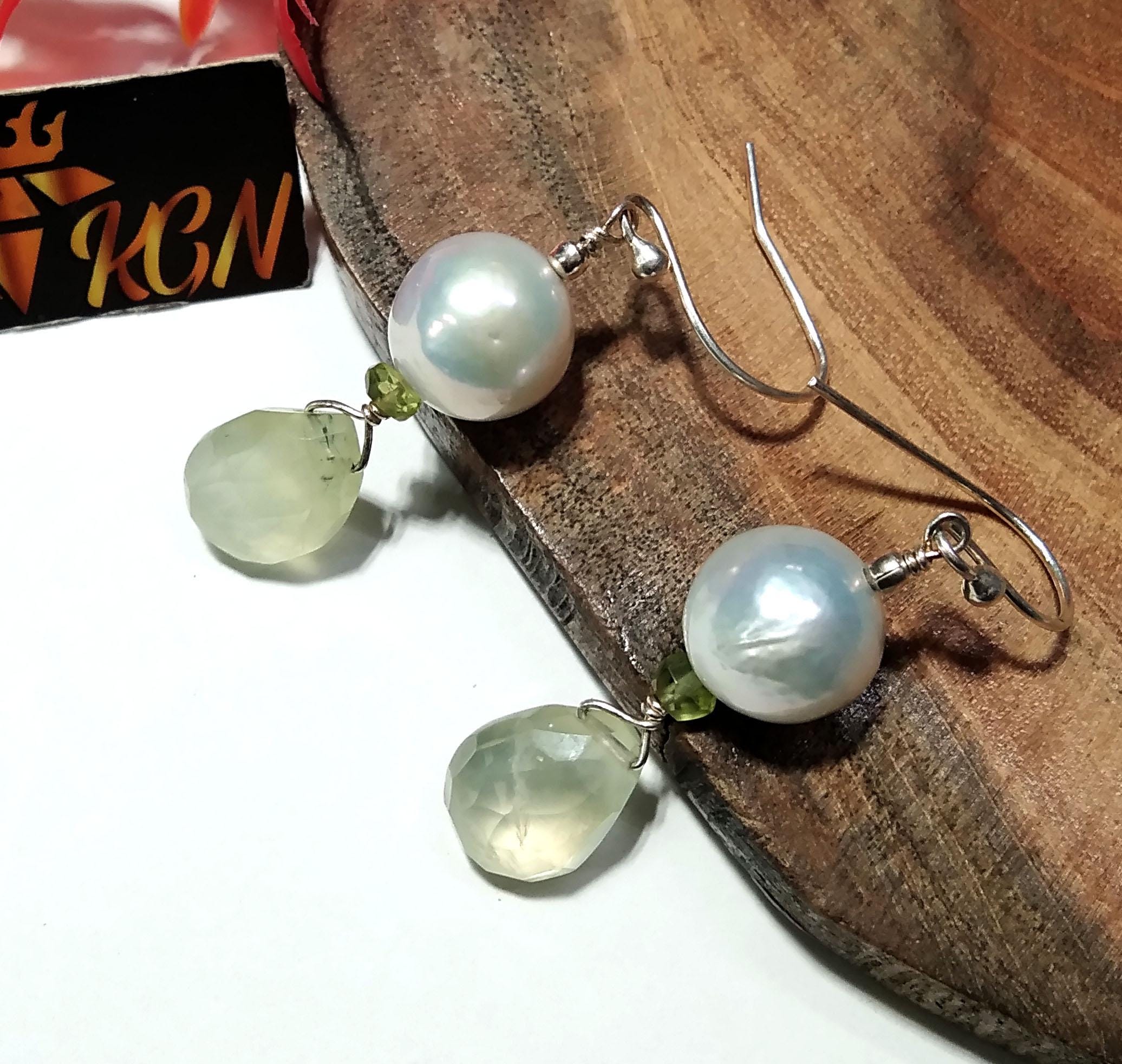 Natural Prehnite/Baroque Pearl Stone Earring, 925 Starling Silver Earring, Prehnite Stone Handmade Earring, Gift Women Bridesmaid Earring