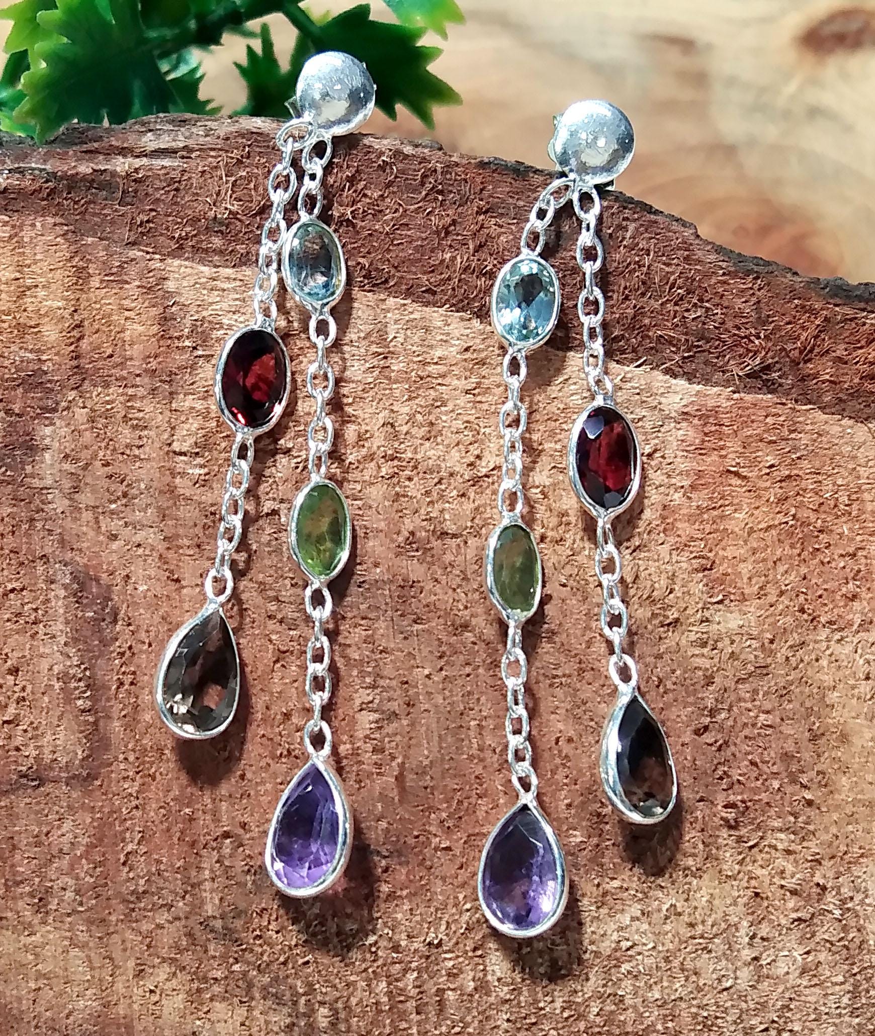 Multi Cut Gemstone Earrings, Amethyst, Garnet, Peridot, Blue Topaz, Smoky Quartz Earrings, 925 Sterling Silver Jewelry, Gift For Her
