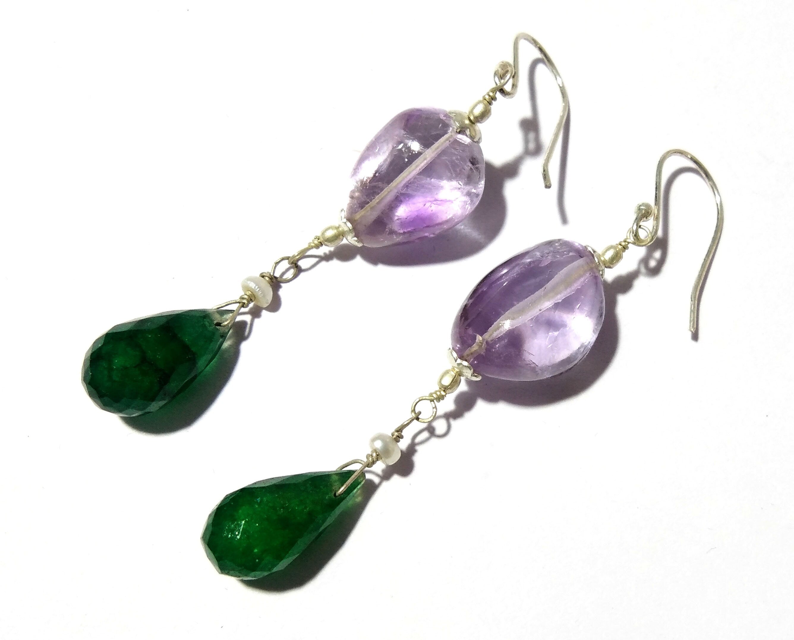 Natural Amethyst, Green Onyx Stone Earring, Very Beautiful Purple Amethyst Gemstone Earring, Solid 925 Starling Silver Earring, Jewelry Gift