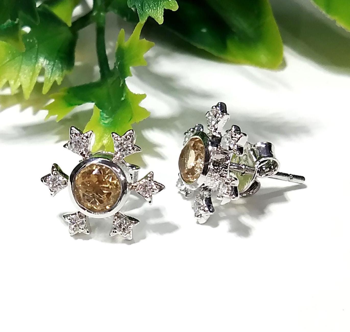 Amazing Design Citrine & White Zircon Stud Earring, 925 Starling Silver Earring, Natural Citrine Gemstone Round Shape Stone Size 5x5mm Studs