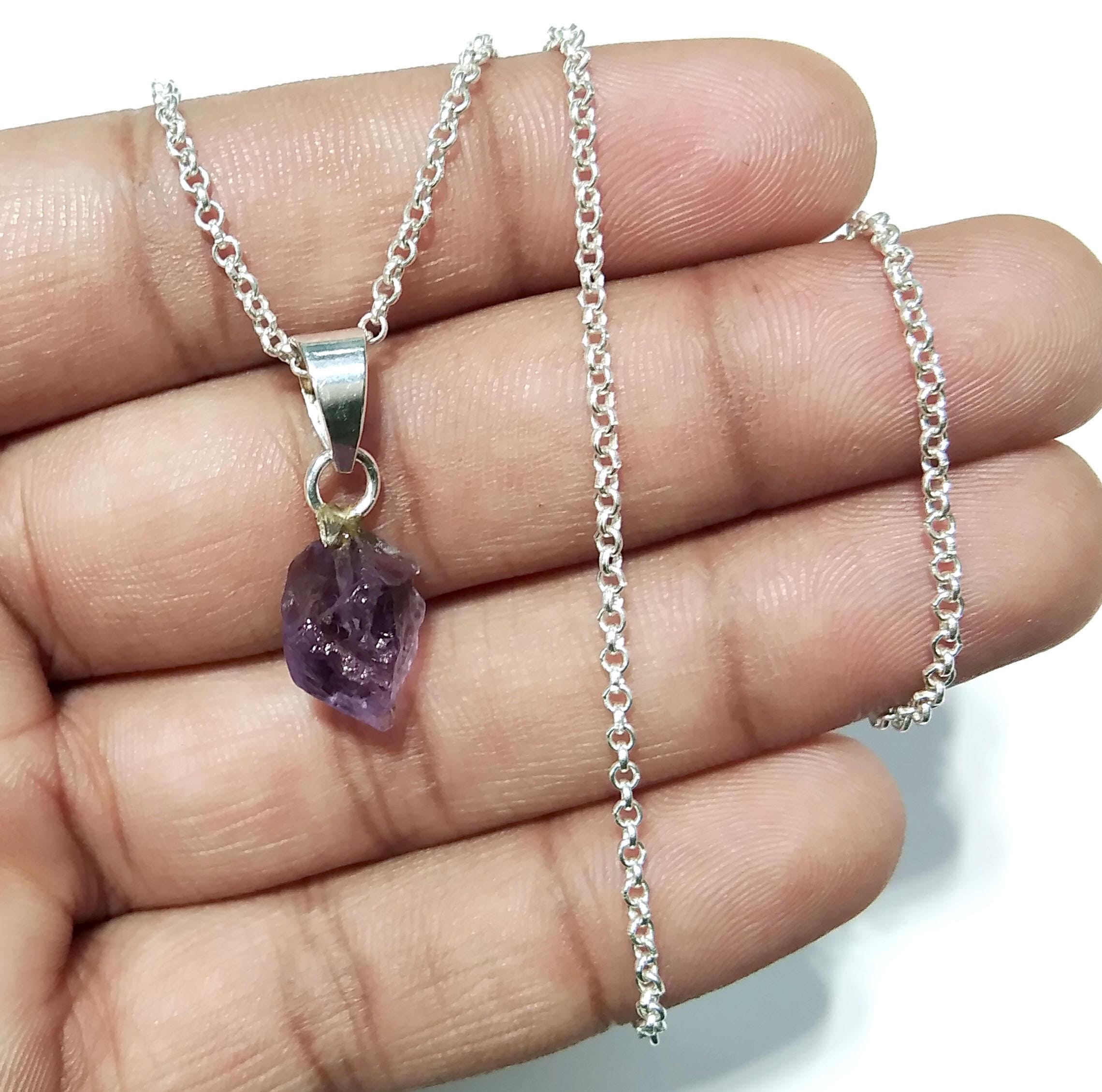 Natural Amethyst Rough Gemstone Pendant, 925 Sterling Silver Handmade Jewelry Amethyst Pendant Rough Chain Necklace, Gift For Girls & Women.