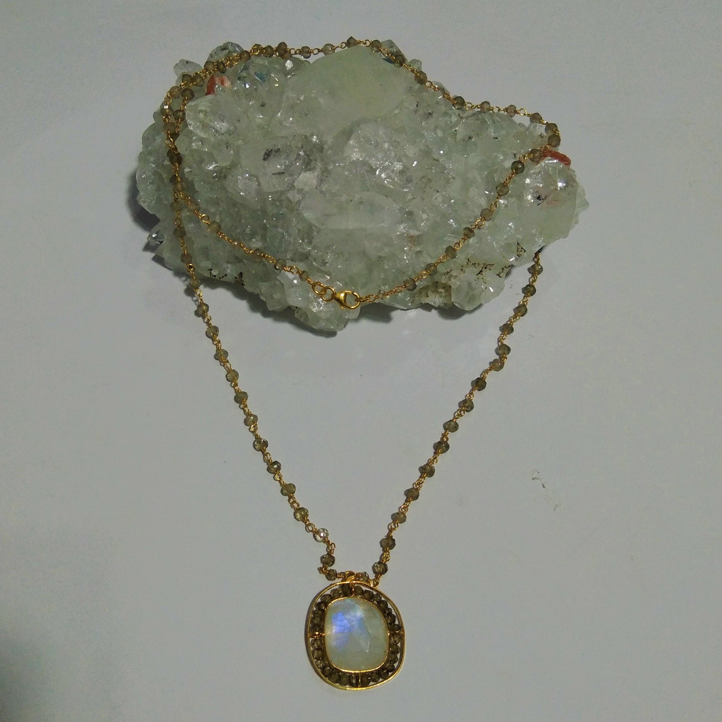 Rainbow Moonstone Blue Fire Stone/Labradorite Beads Chain Necklace, 925 Starling Silver Gold Plated Chain Necklace, 38''Inche Necklace