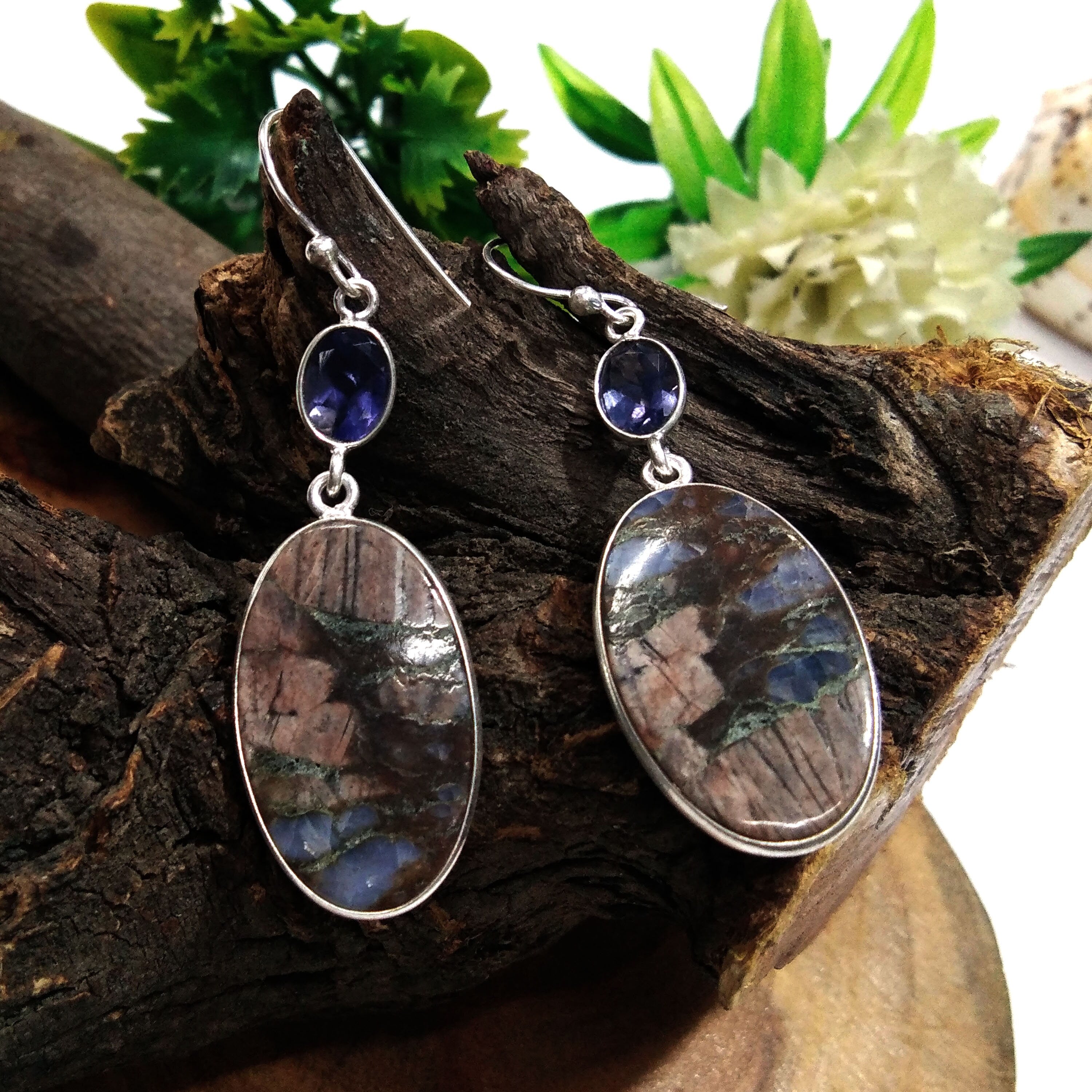 Natural Crazy Lace Agate, Iolite Gemstone Earring, 925 Solid Starling Silver Earring, Jewelry Stone Size 25x16 mm Gift Earring Birthday