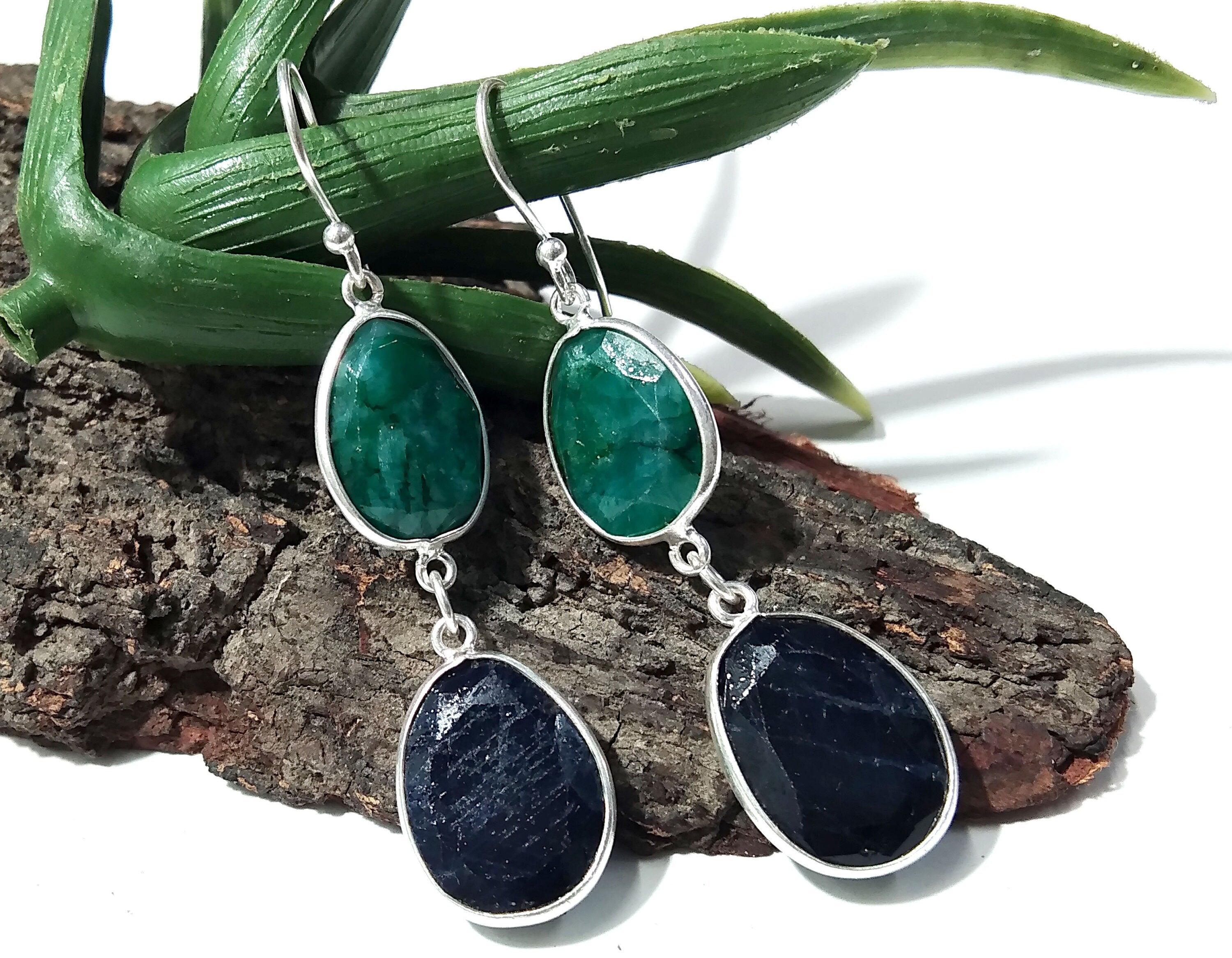 Natural Emerald, Blue Sapphire Stone Earring, 925 Solid Starling Silver Earring Gemstone, Gift Wedding Earring, Jewelry Birthstone Earring